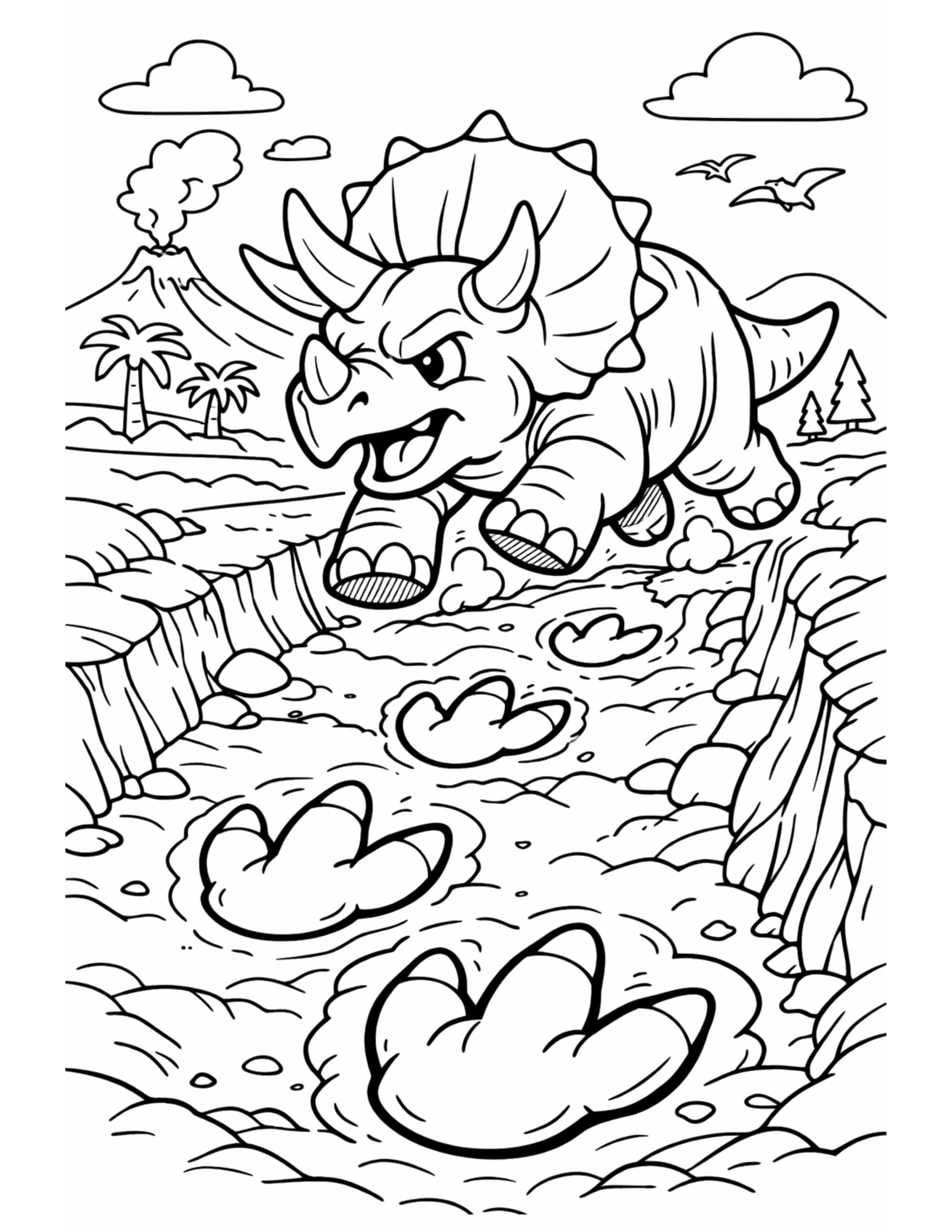 triceratops running on muddy track coloring page with a volcano, birds, and giant footprints coloring page
