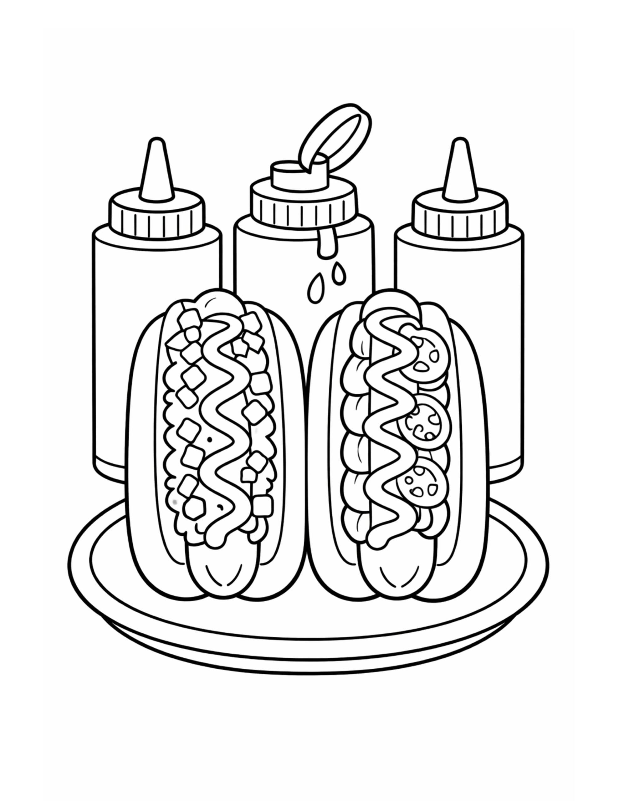 two hot dogs with condiments coloring page showing two topped hot dogs on a plate with condiment bottles behind coloring page