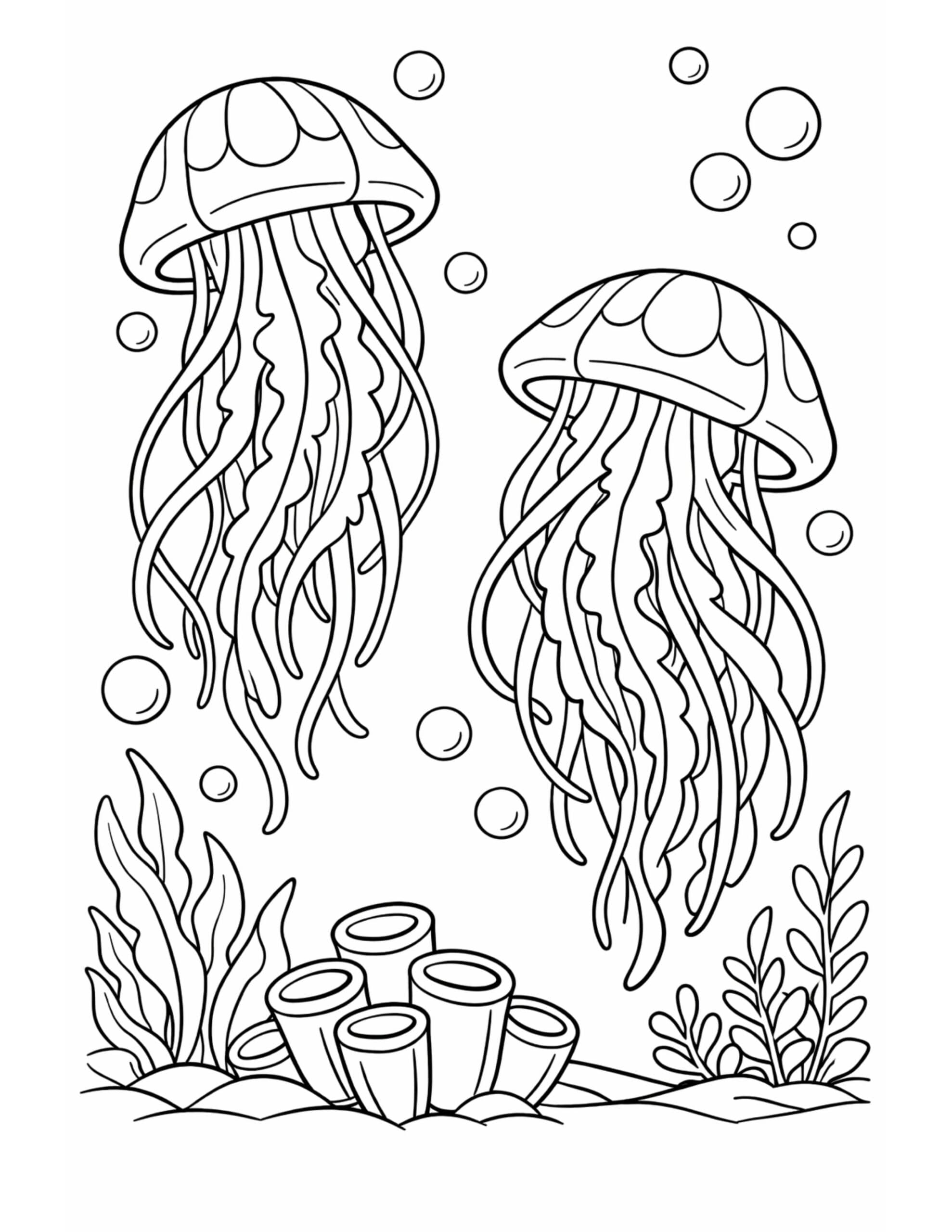 two jellyfish floating underwater coloring page with long tentacles, bubbles, sea plants, and coral tubes coloring page
