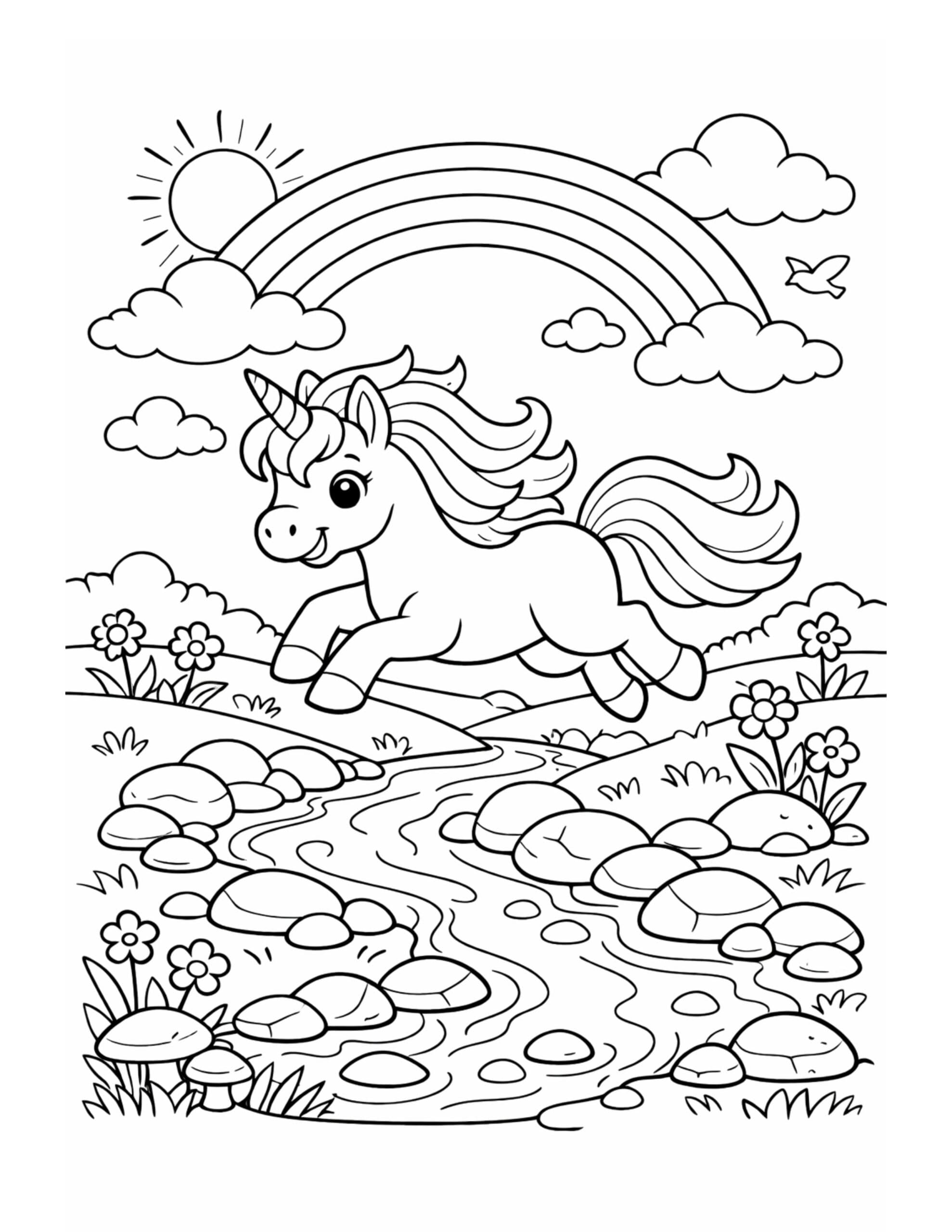 unicorn jumping over a stream coloring page with a rainbow, clouds, and a flowing river coloring page