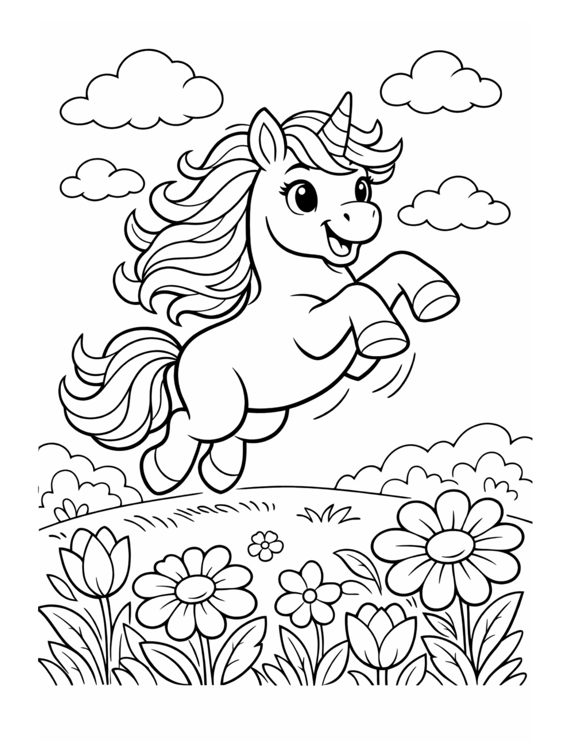unicorn leaping over meadow flowers coloring page with a smiling unicorn above daisies and clouds coloring page