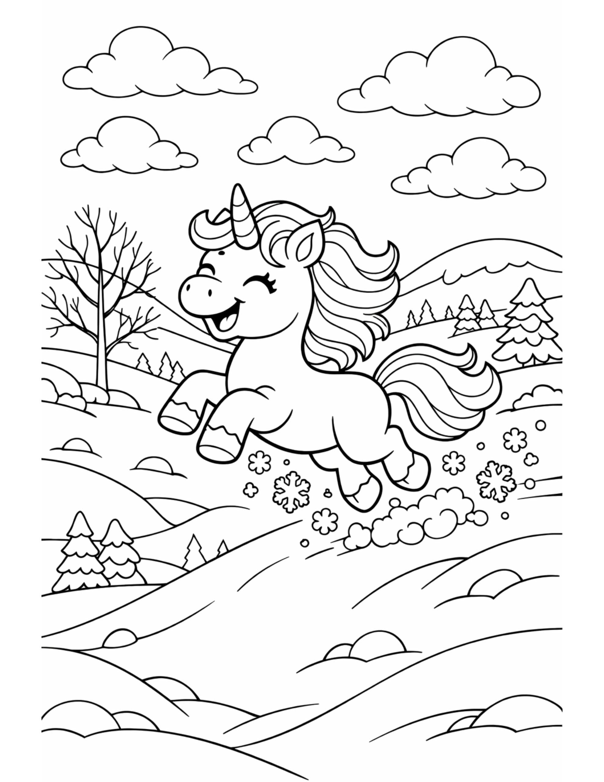 unicorn leaping through snowy hills coloring page in a winter landscape with trees and clouds coloring page