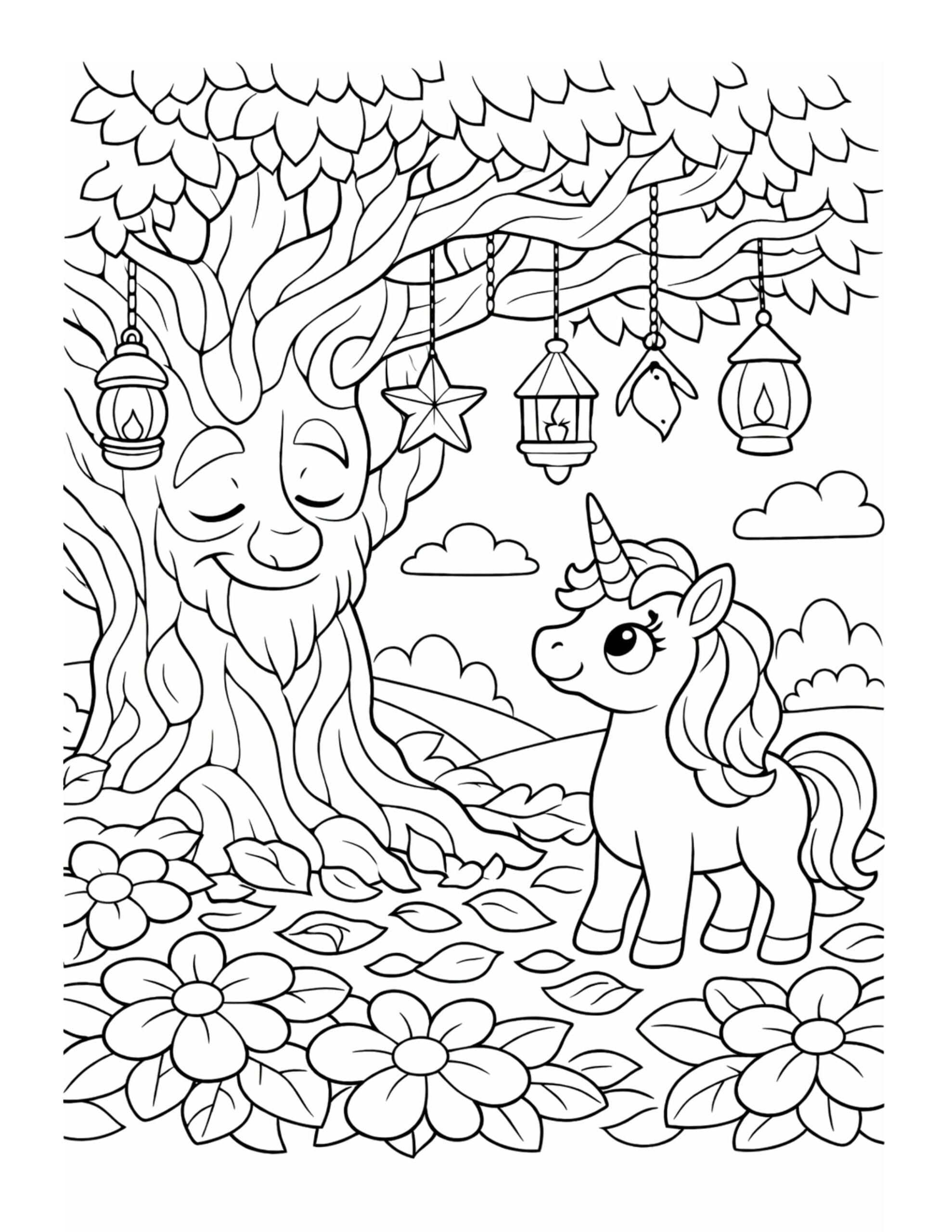 unicorn looking at magic tree coloring page with hanging lanterns and big flowers coloring page
