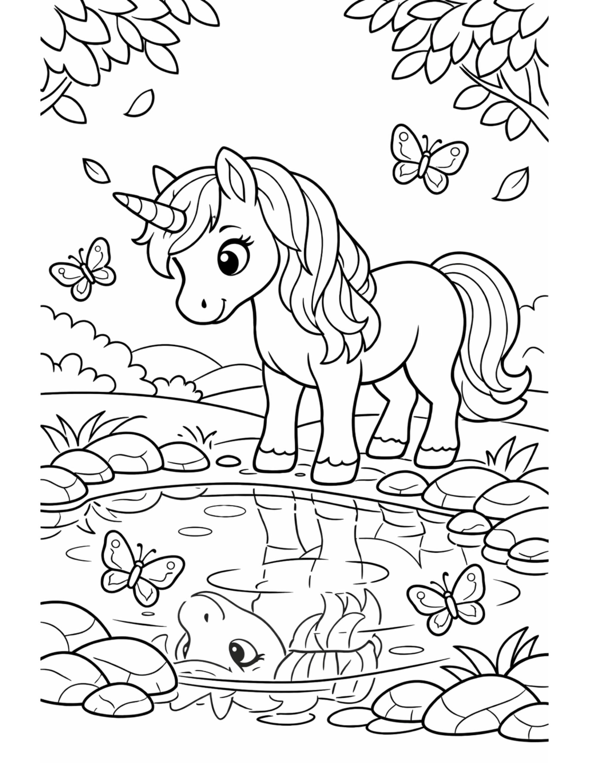 unicorn looking at pond reflection coloring page by a small pond with butterflies and leaves coloring page
