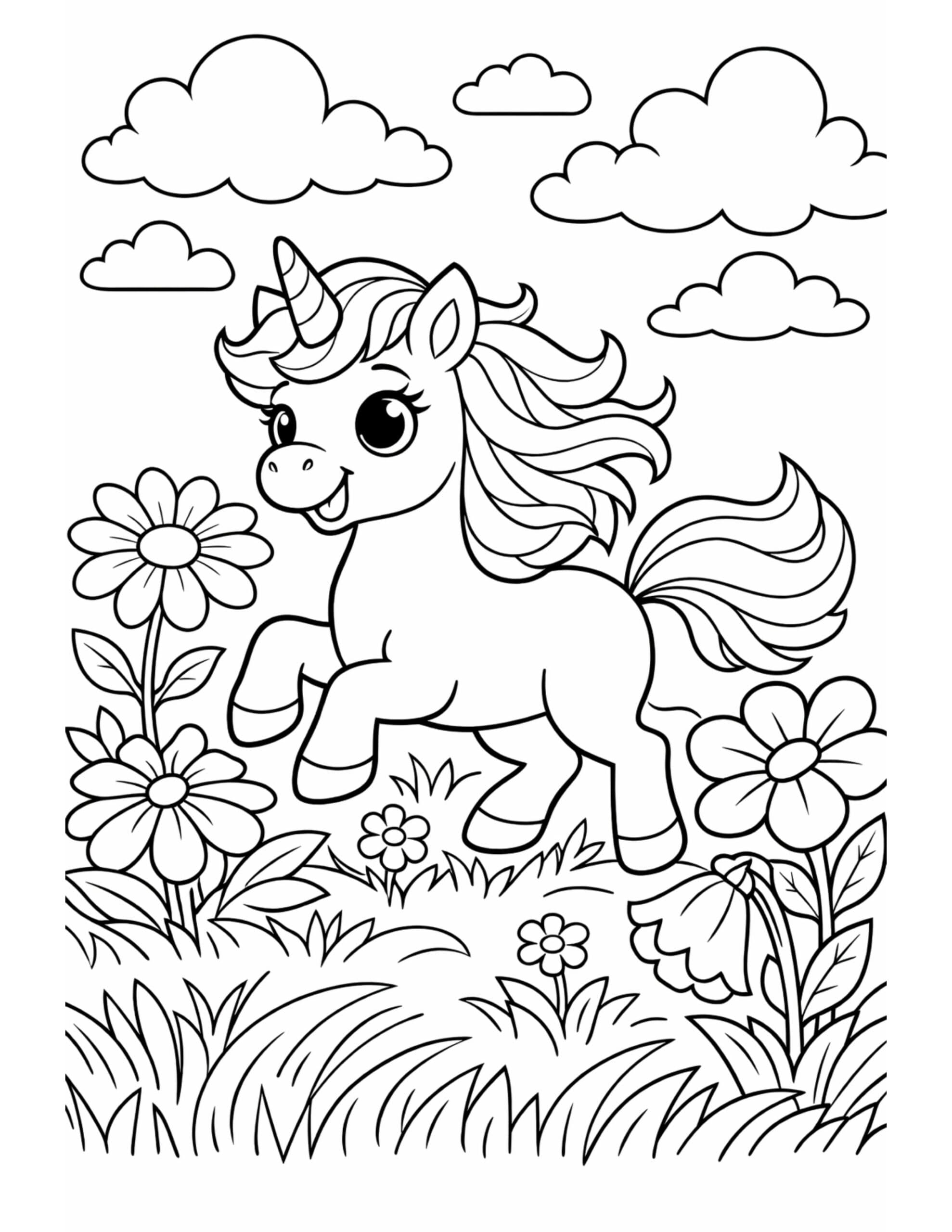 unicorn prancing among meadow flowers coloring page with fluffy clouds and big daisies coloring page