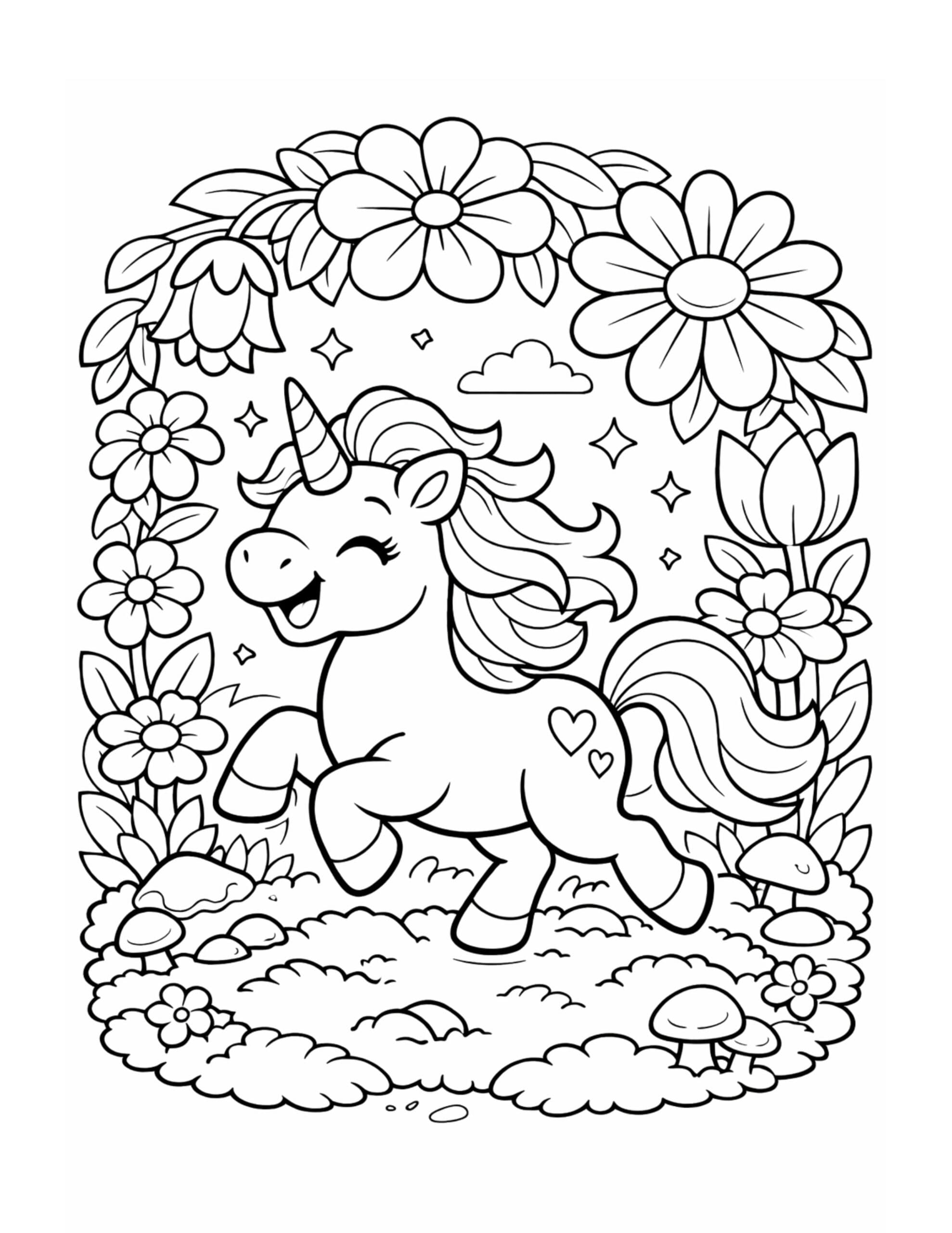 unicorn prancing in flower frame coloring page with big flowers, mushrooms, and tiny sparkles coloring page