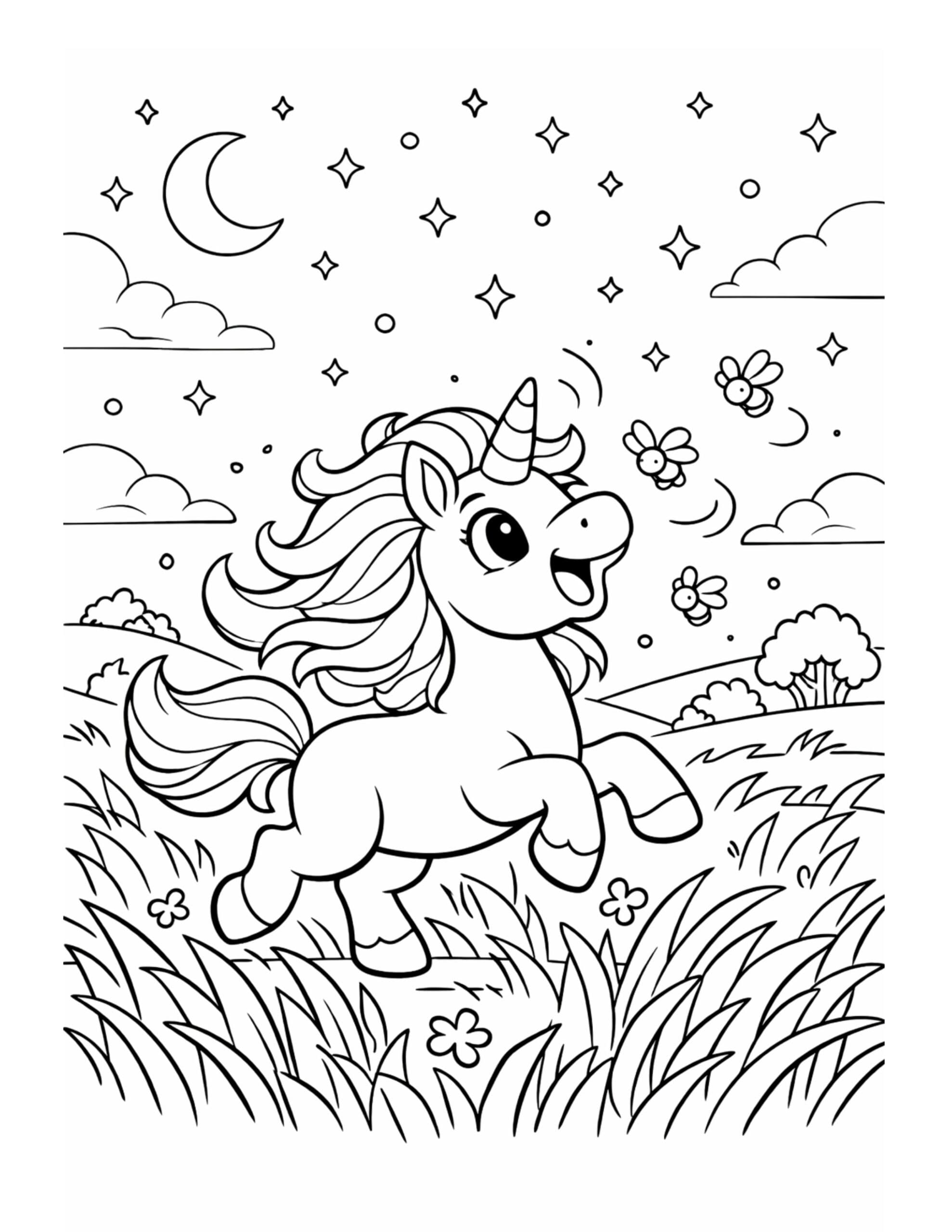 unicorn prancing under a moon coloring page with stars, clouds, flying bees, and tall grass coloring page