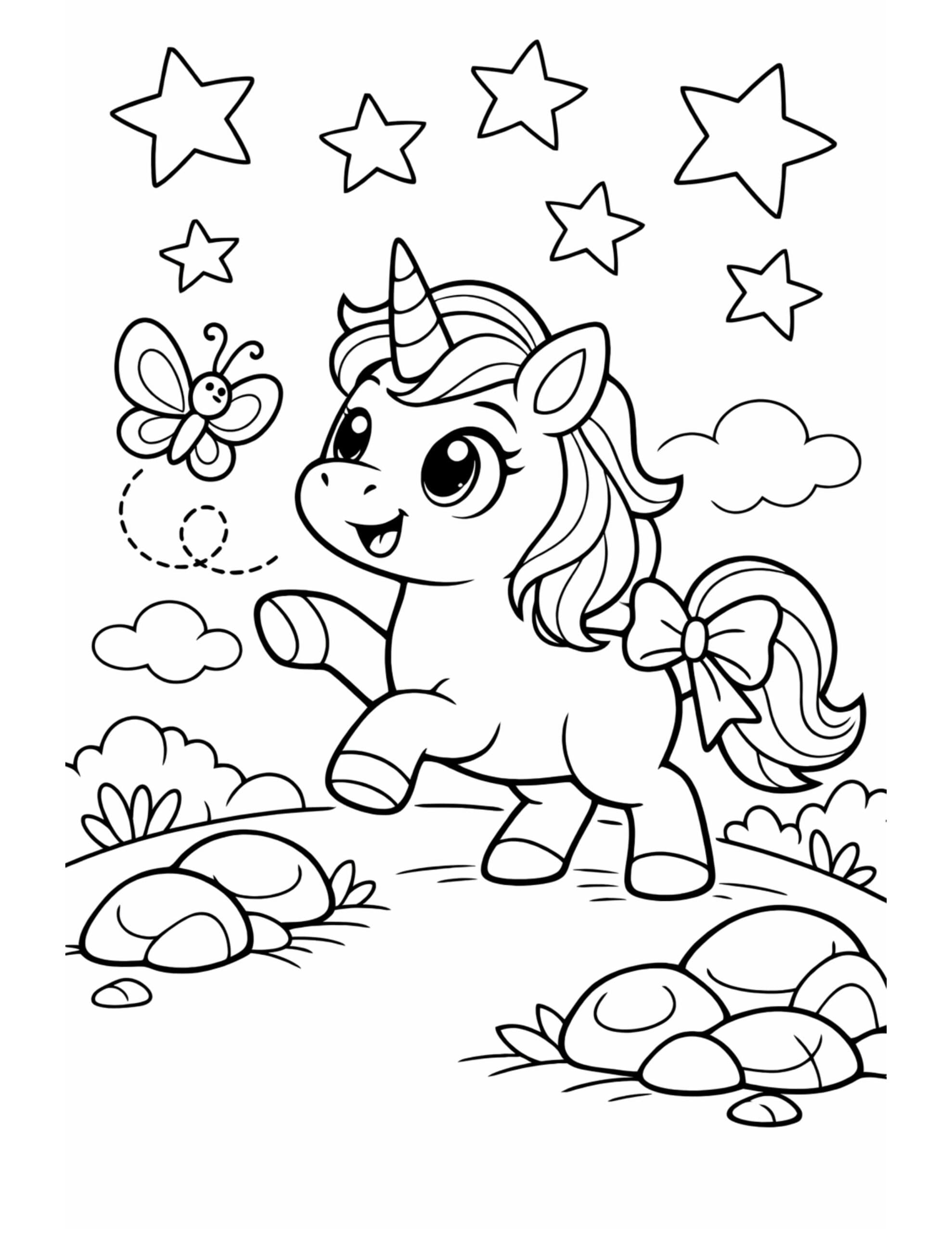 unicorn prancing with a butterfly coloring page with stars, clouds, and a big bow tail coloring page