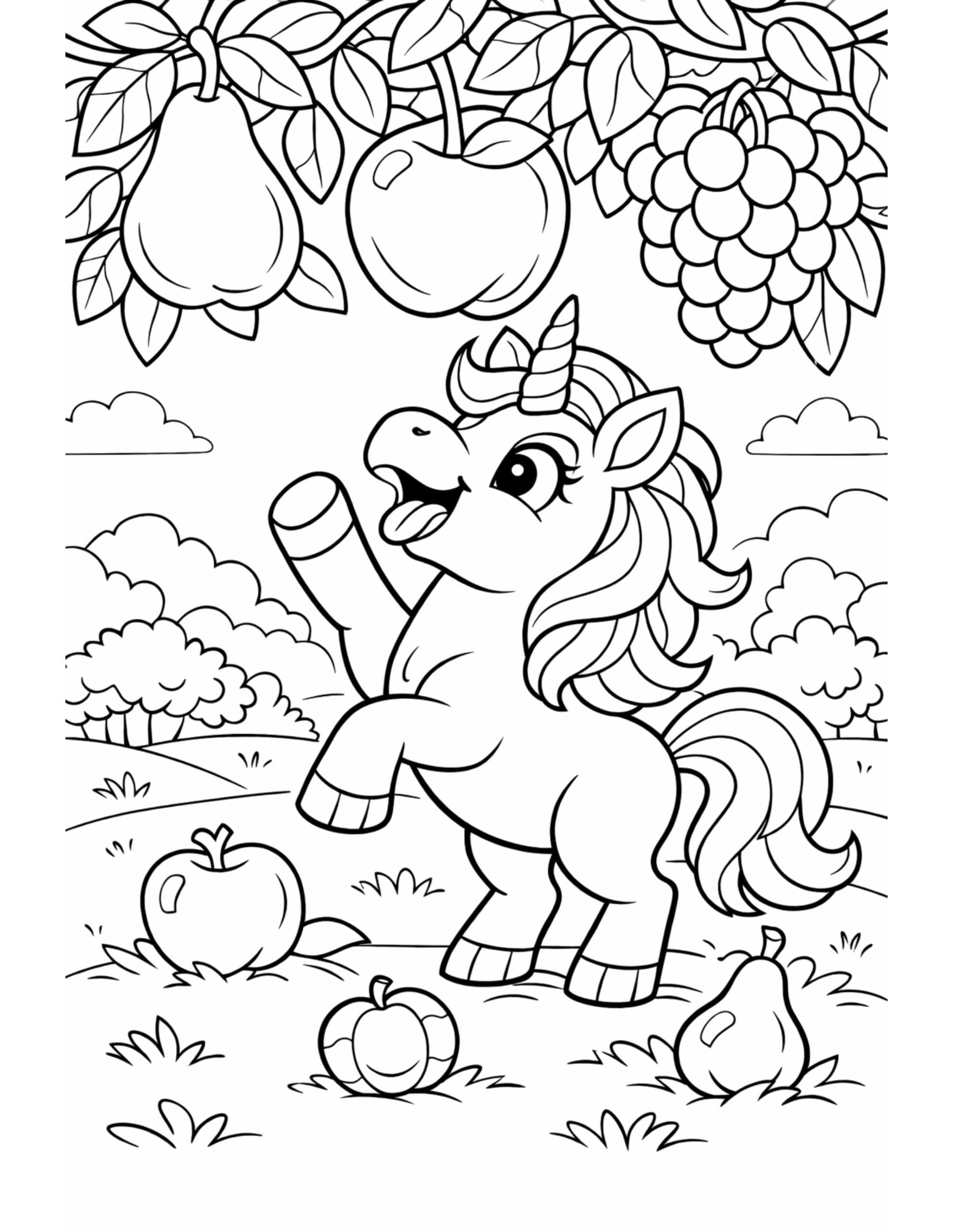 unicorn reaching for fruit coloring page with apples pears grapes and orchard branches