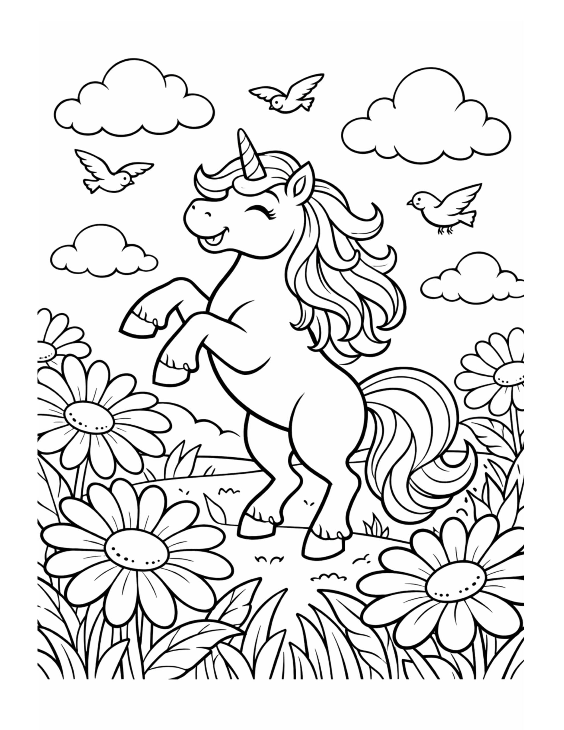 unicorn rearing in flower meadow coloring page with birds flowers and clouds coloring page