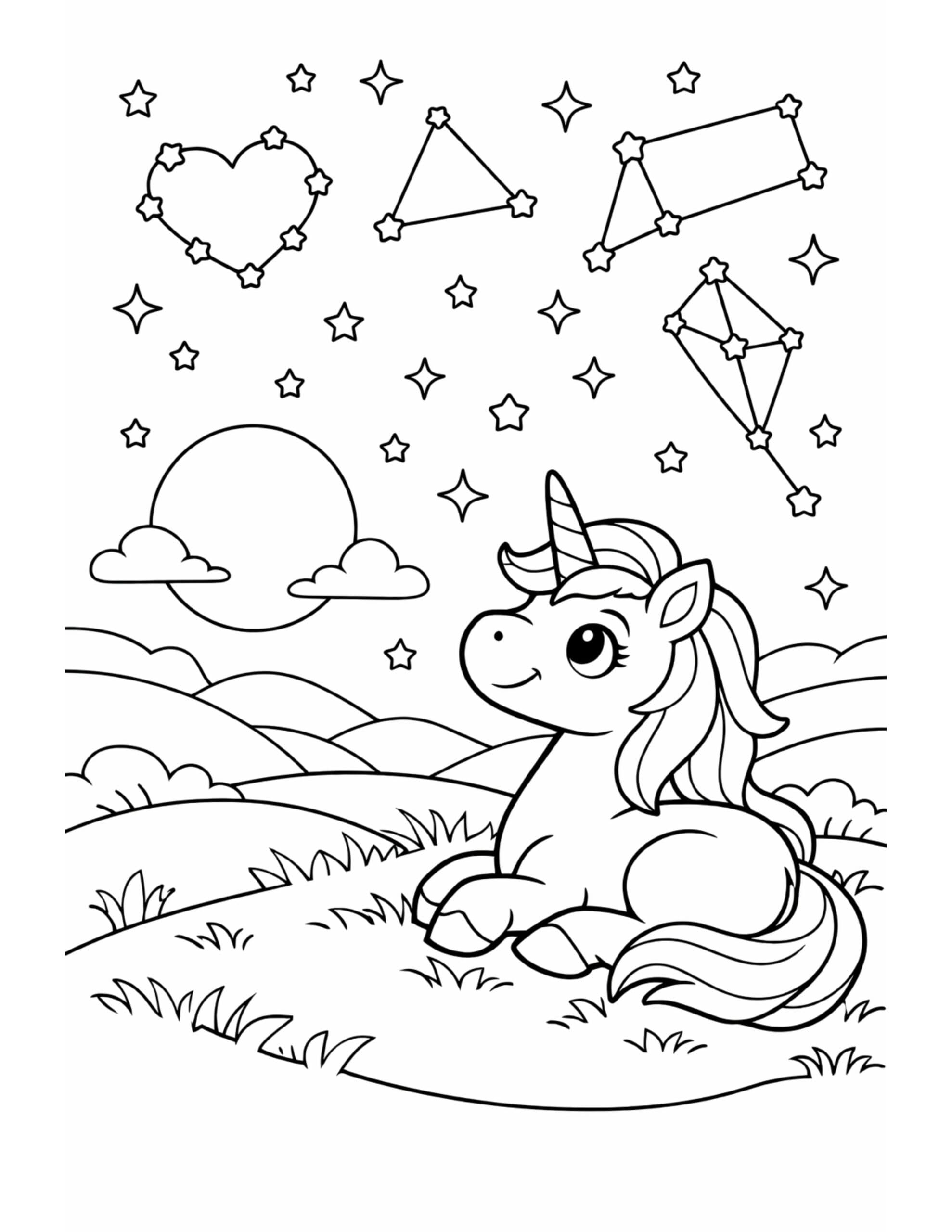 unicorn resting under constellations coloring page with moon, stars, and constellation shapes coloring page