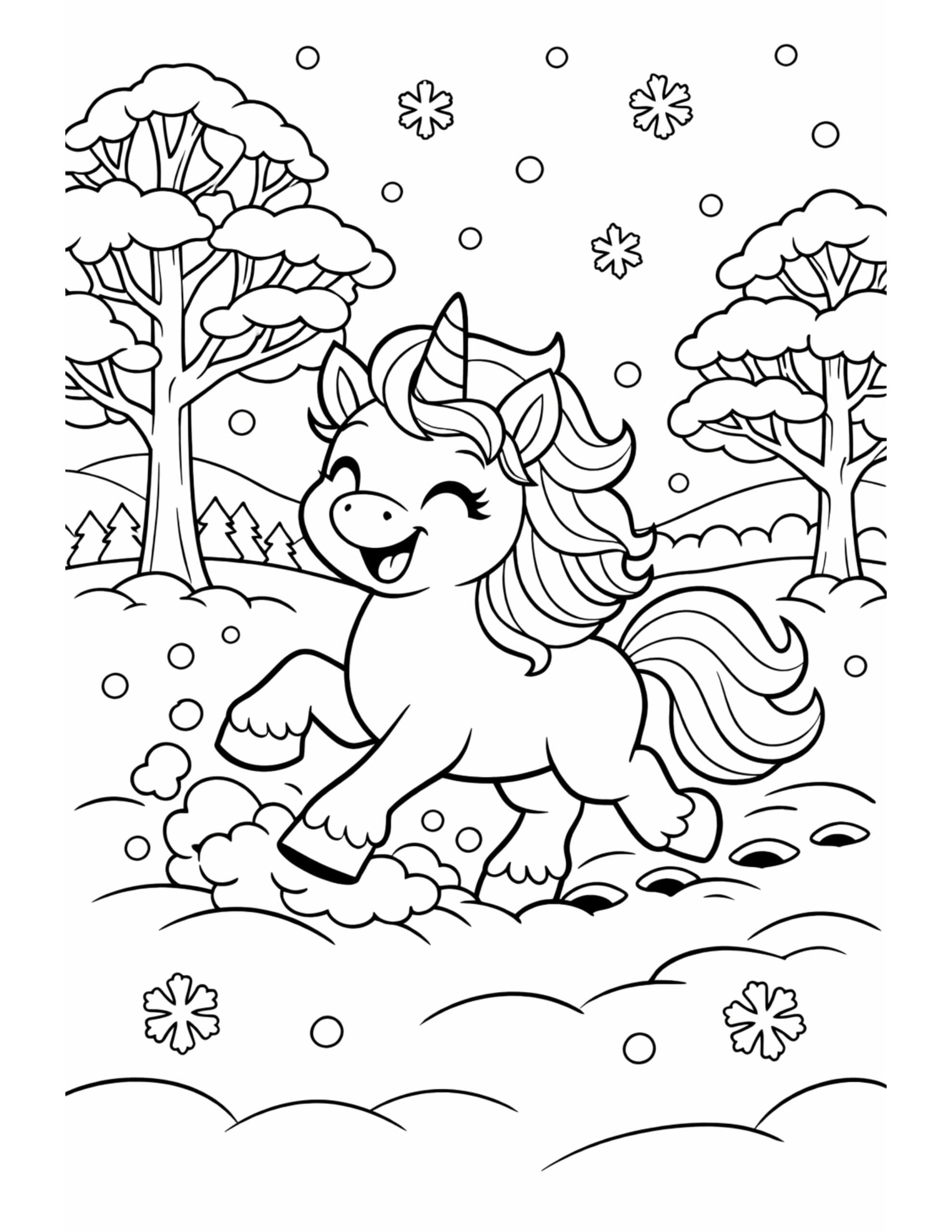 unicorn running in snowy forest coloring page with snowflakes trees and winter scenery coloring page
