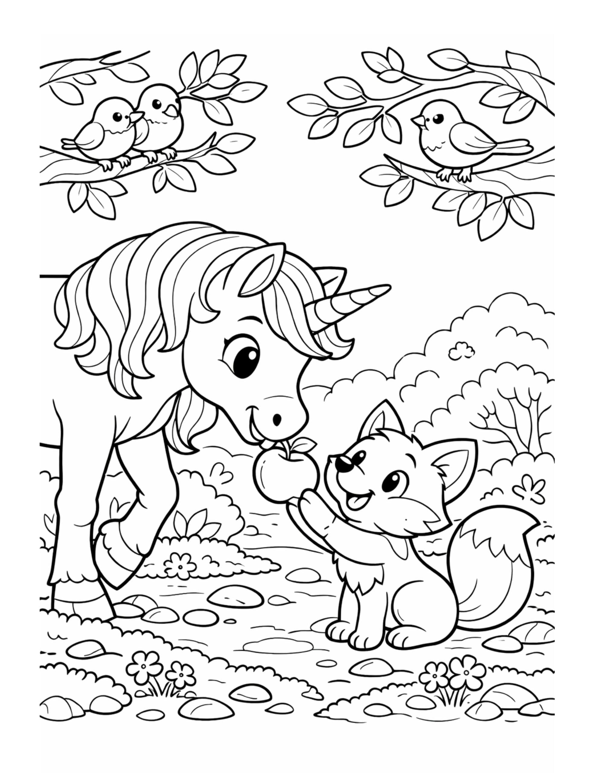 unicorn sharing apple with fox coloring page showing a friendly forest scene coloring page