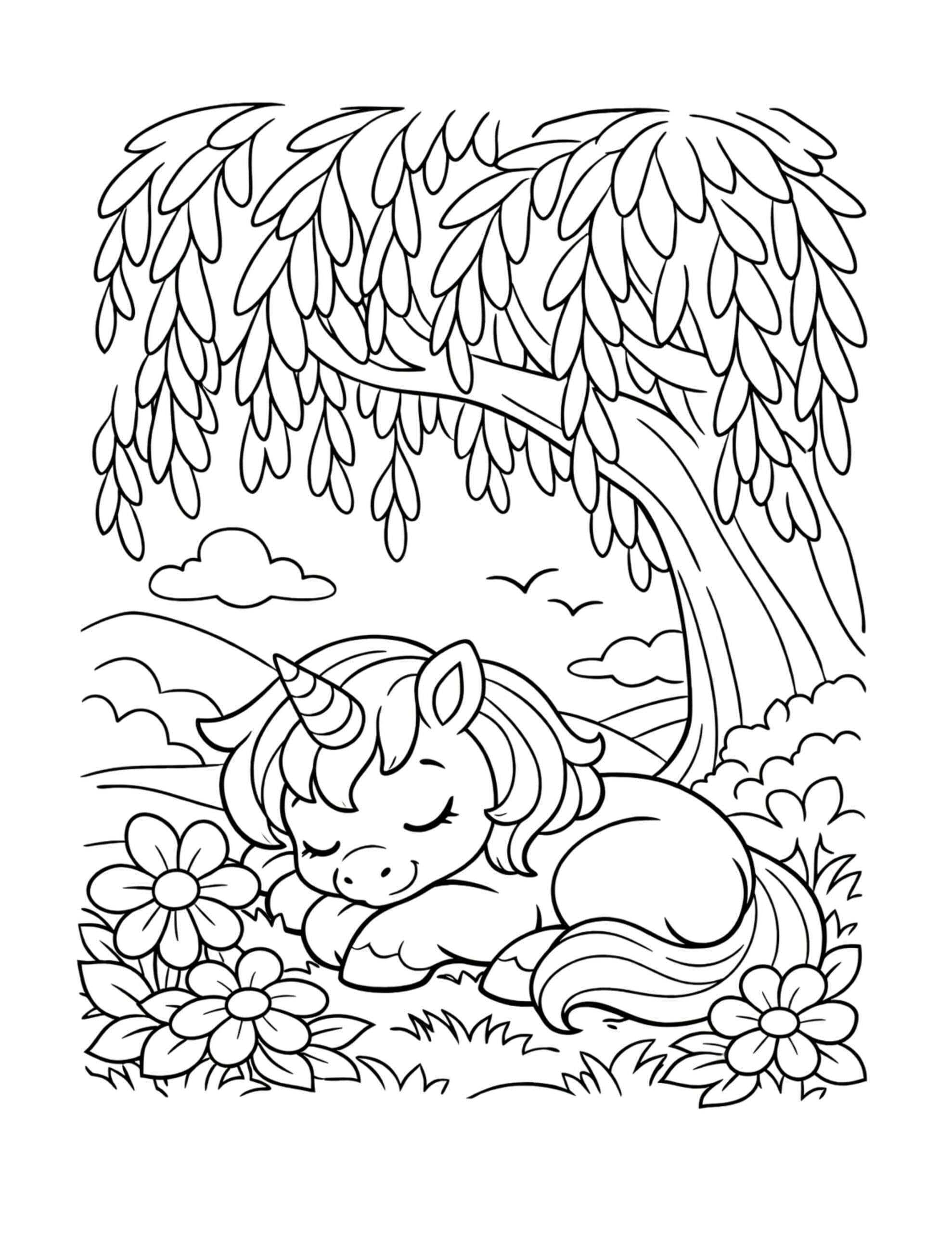 unicorn sleeping under a tree coloring page with flowers, grass, and a peaceful nature scene coloring page