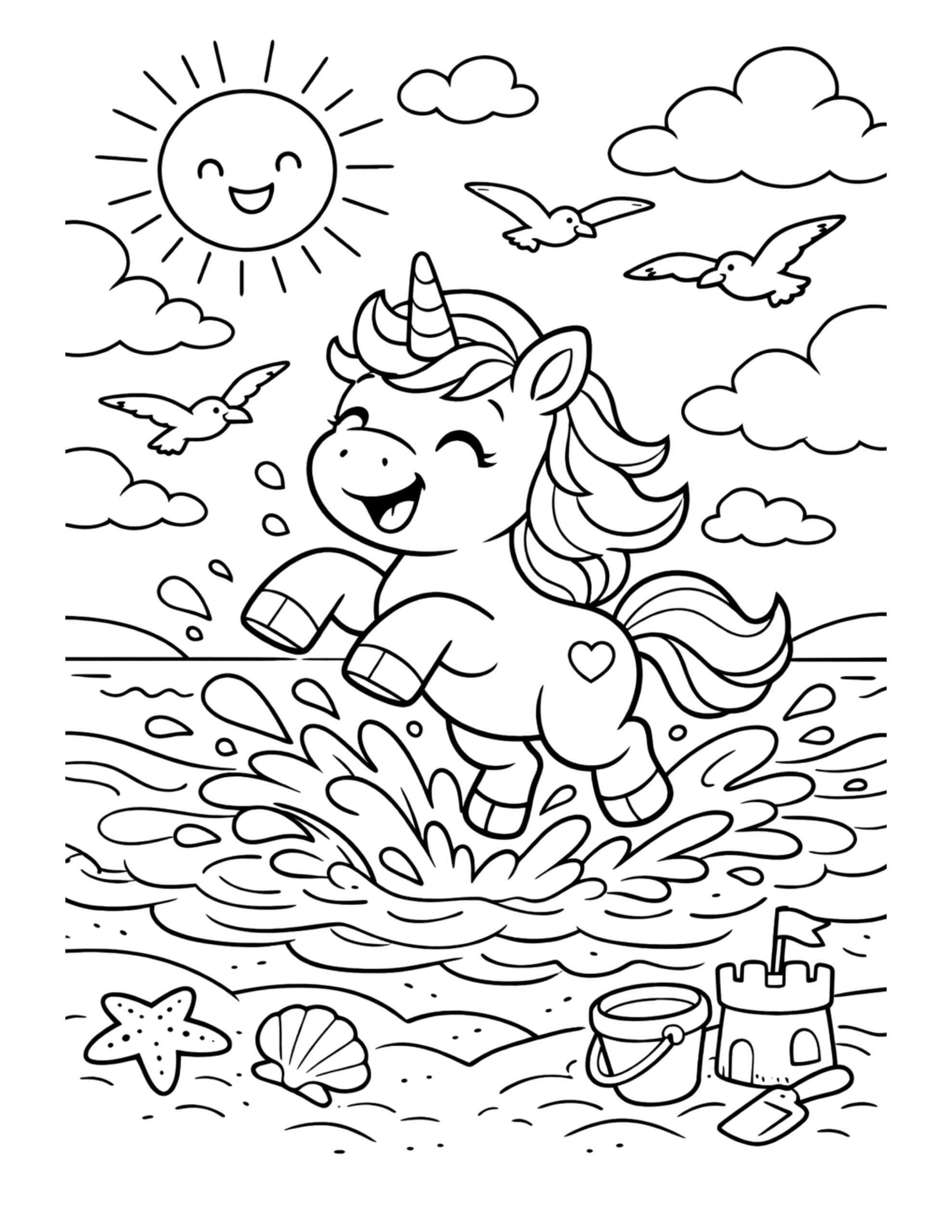 unicorn splashing in ocean coloring page with a smiling sun birds waves and beach toys in a fun seaside scene