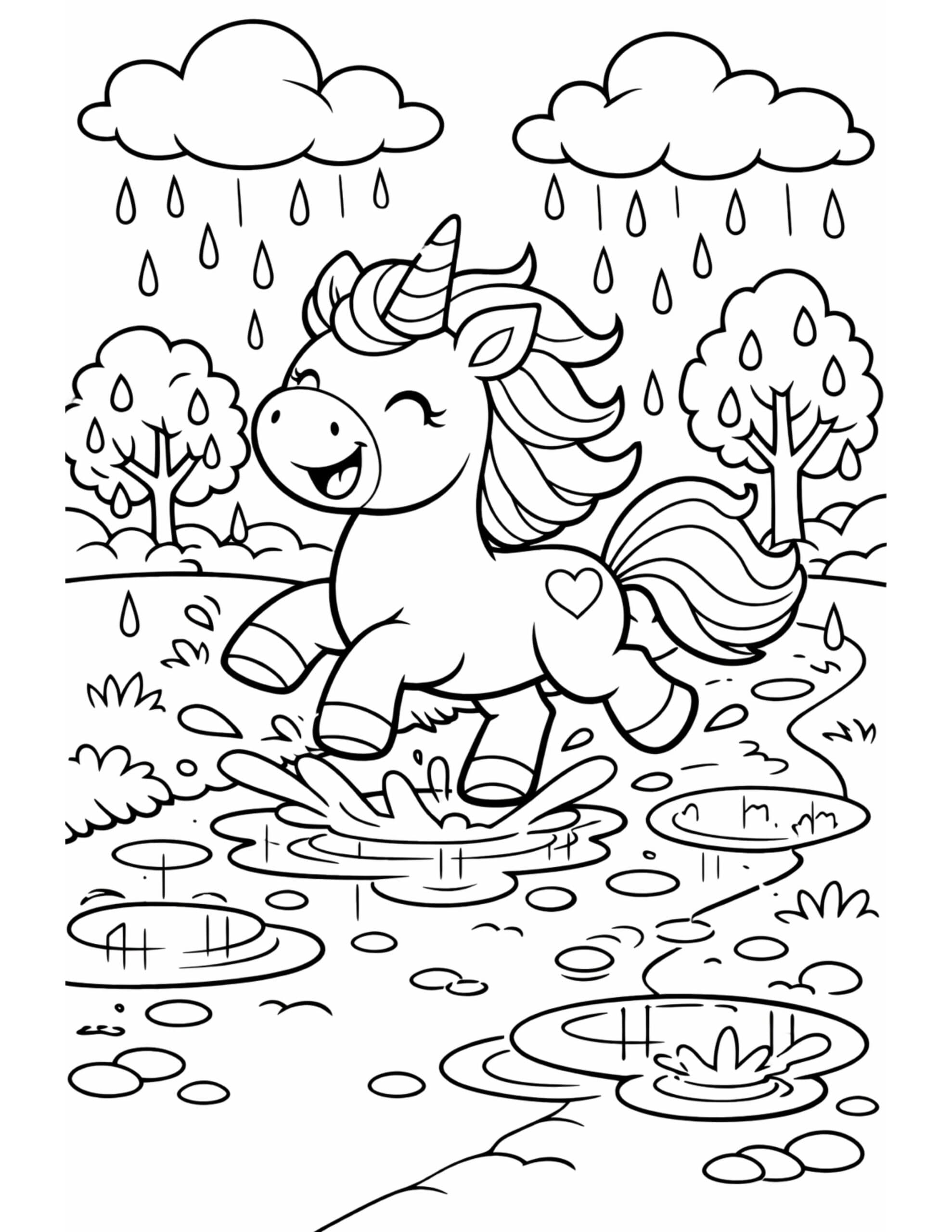 unicorn splashing in rainy puddles coloring page with cute raindrops, clouds, and trees coloring page
