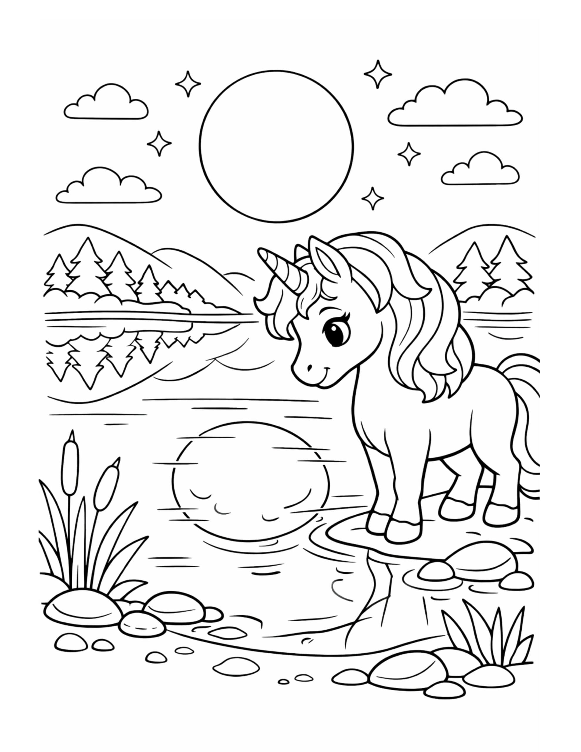 unicorn standing by moonlit lake coloring page with mountains, trees, clouds, and a big moon