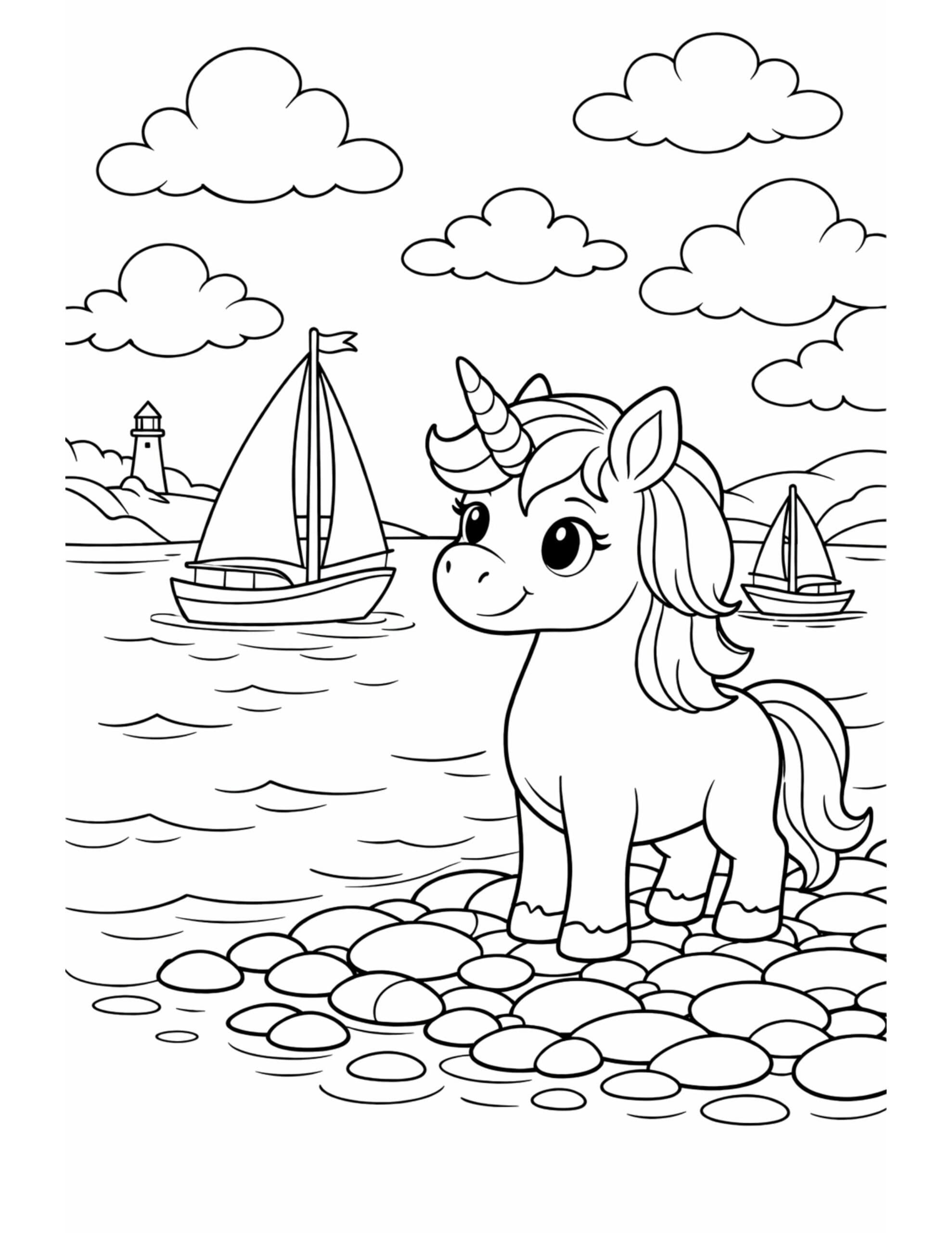 unicorn standing by sailboats coloring page on a rocky shore with clouds and a lighthouse coloring page