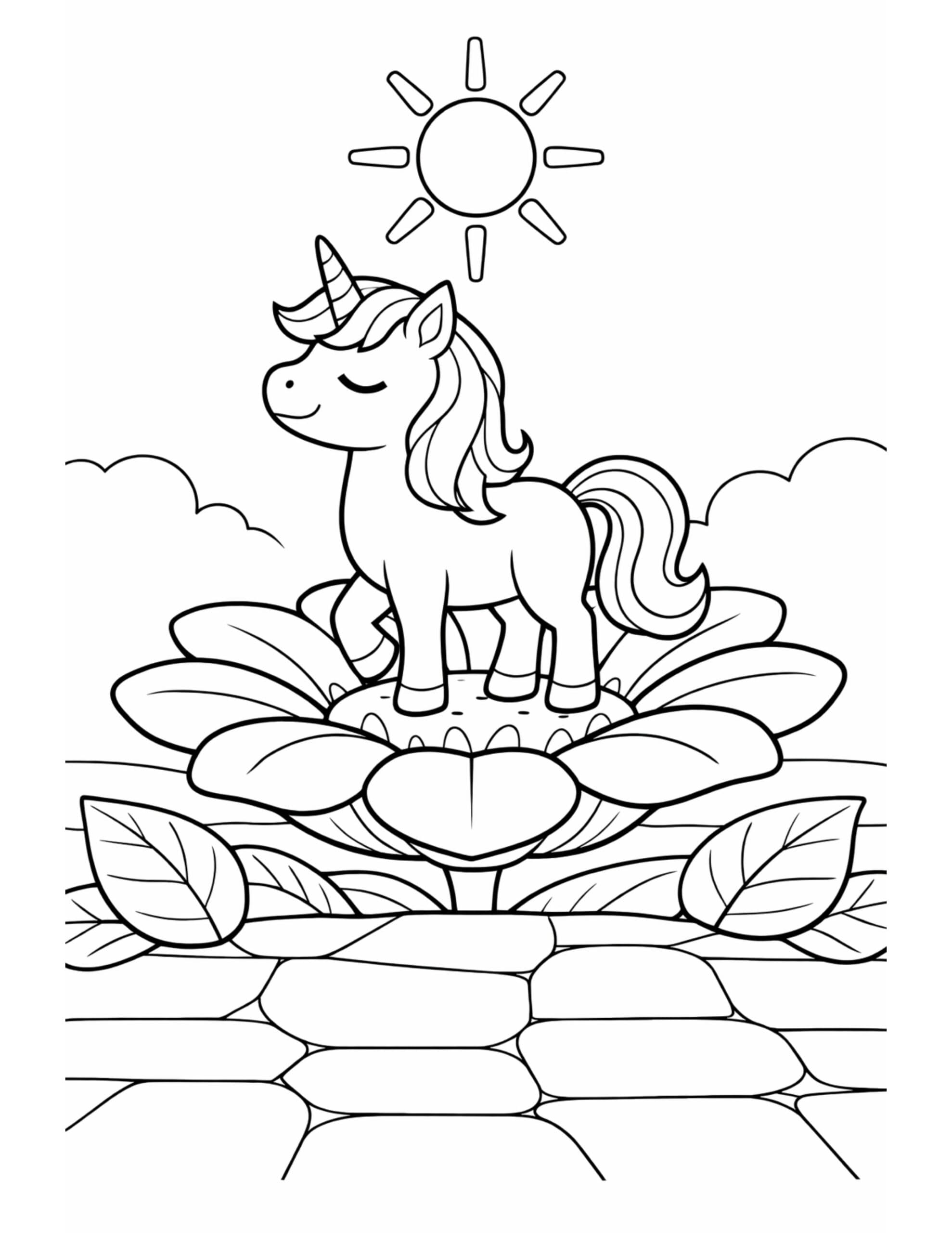 unicorn standing on a flower coloring page with a sun overhead, soft clouds, and large petals coloring page