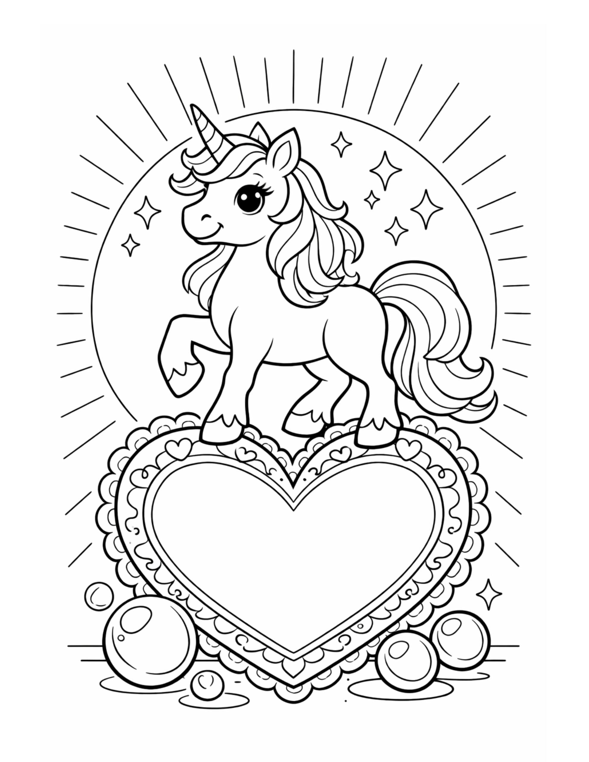 unicorn standing on a heart coloring page with a cute unicorn, heart frame, sparkles, and radiant lines coloring page