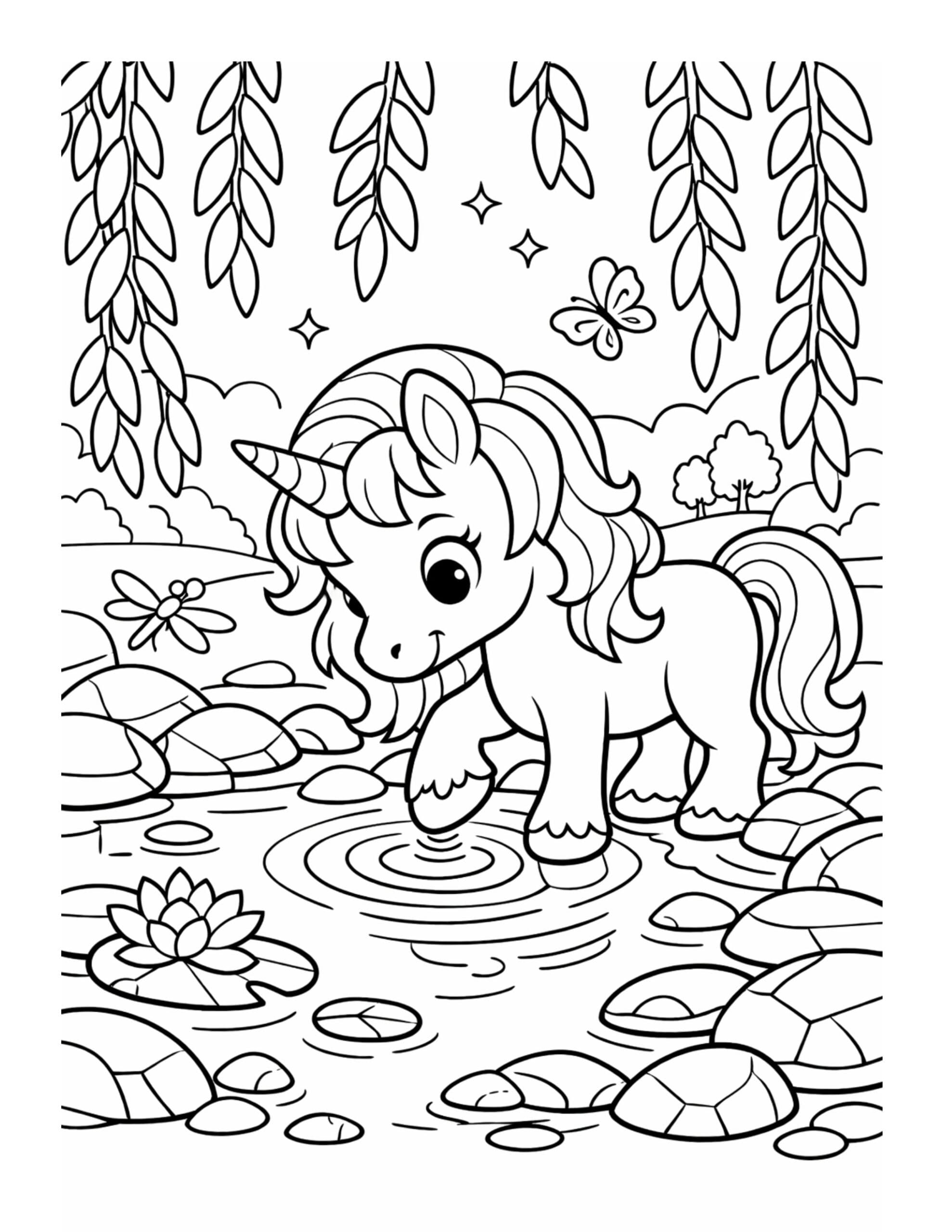 unicorn stepping in a pond coloring page with gentle ripples, leaves, and a calm nature scene coloring page