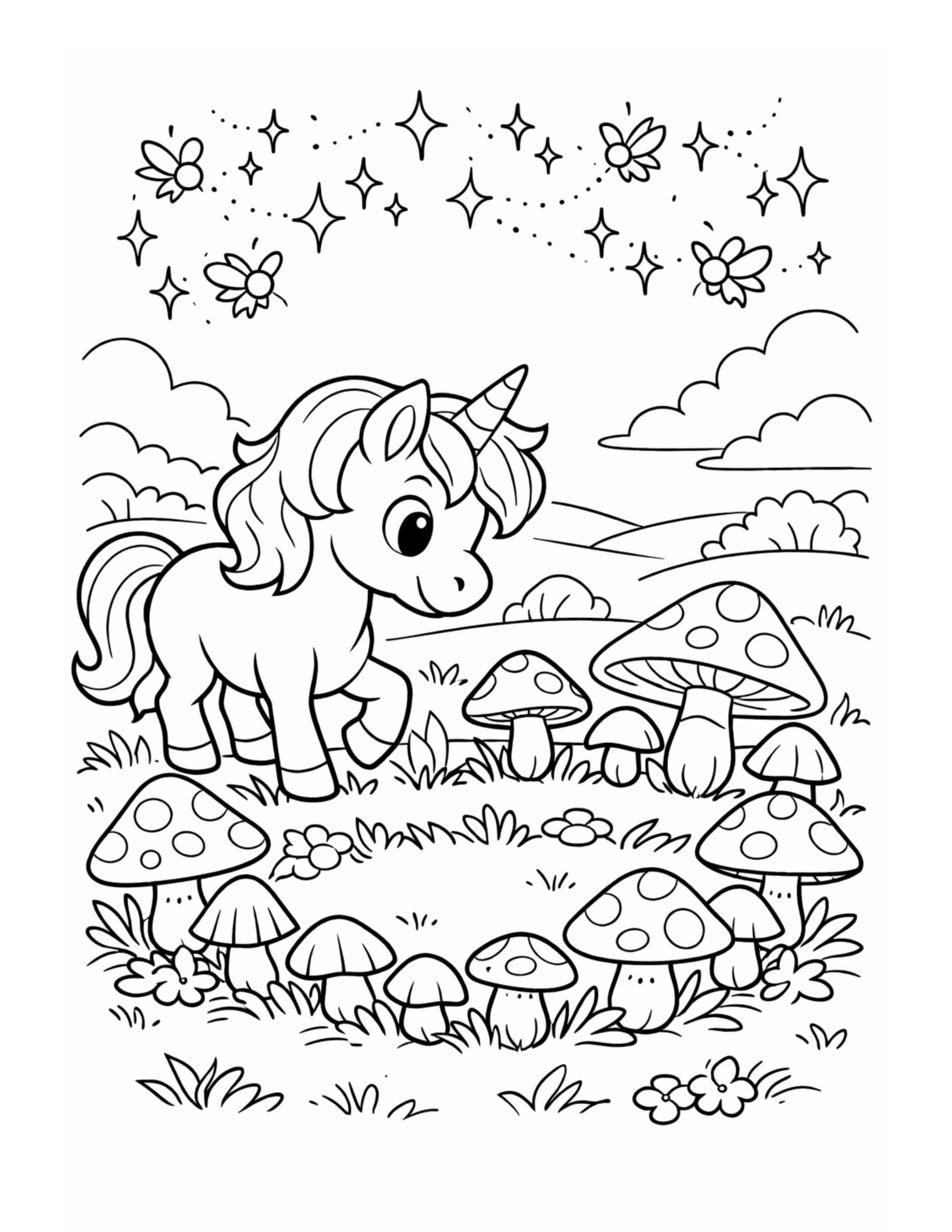 unicorn walking among mushrooms coloring page with sparkly stars, clouds, and a meadow setting coloring page