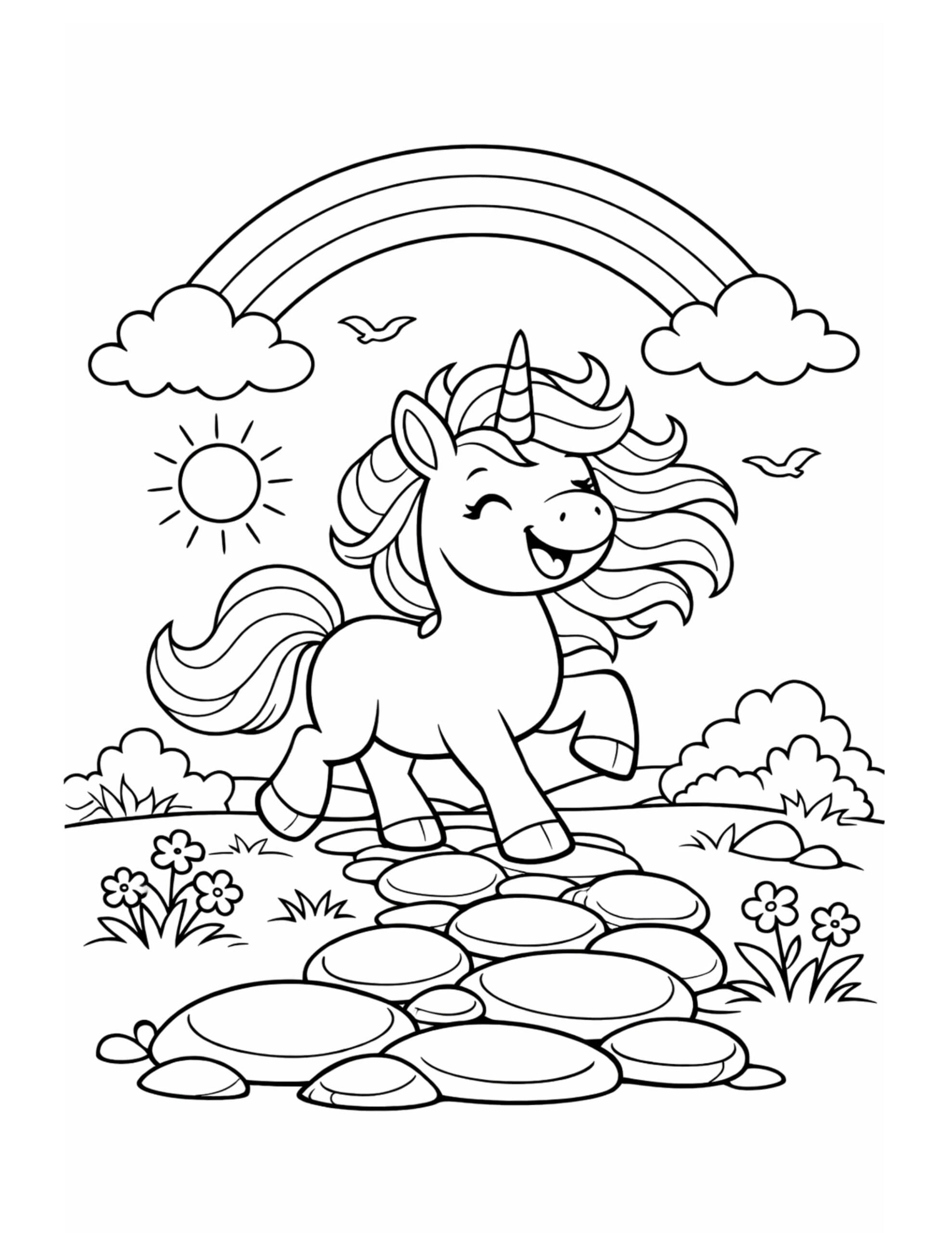 unicorn walking on stone path coloring page under a rainbow with clouds, sun, birds, and flowers coloring page