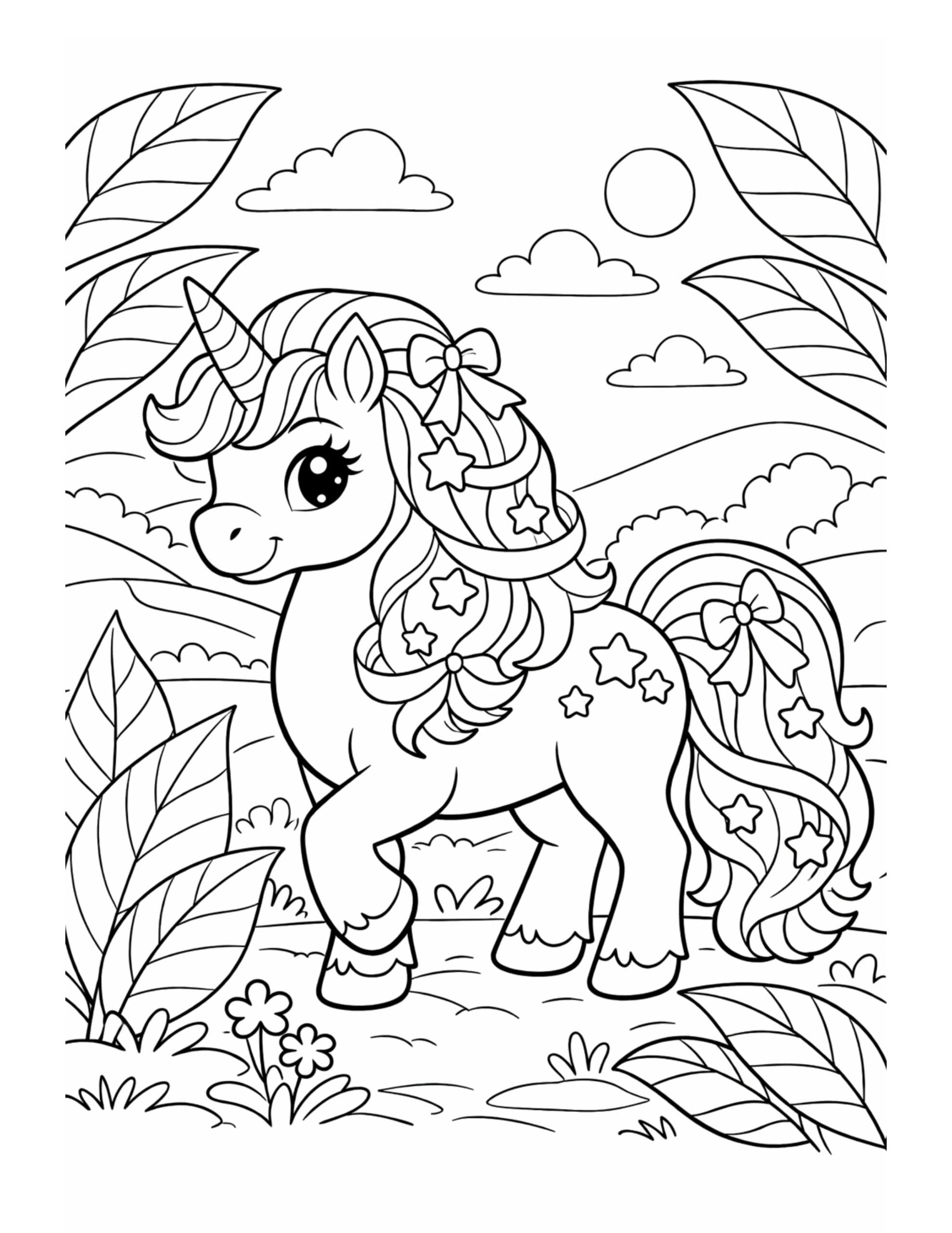 unicorn walking through a meadow coloring page with a cute unicorn decorated with stars and bows coloring page