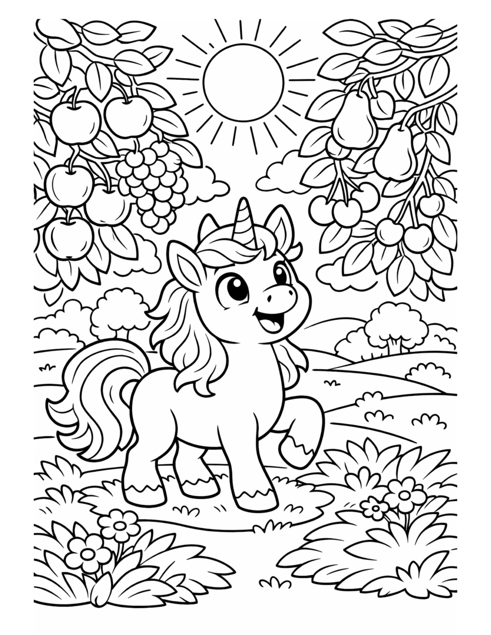 unicorn walking through fruit orchard coloring page with sun, trees, and hanging fruit coloring page