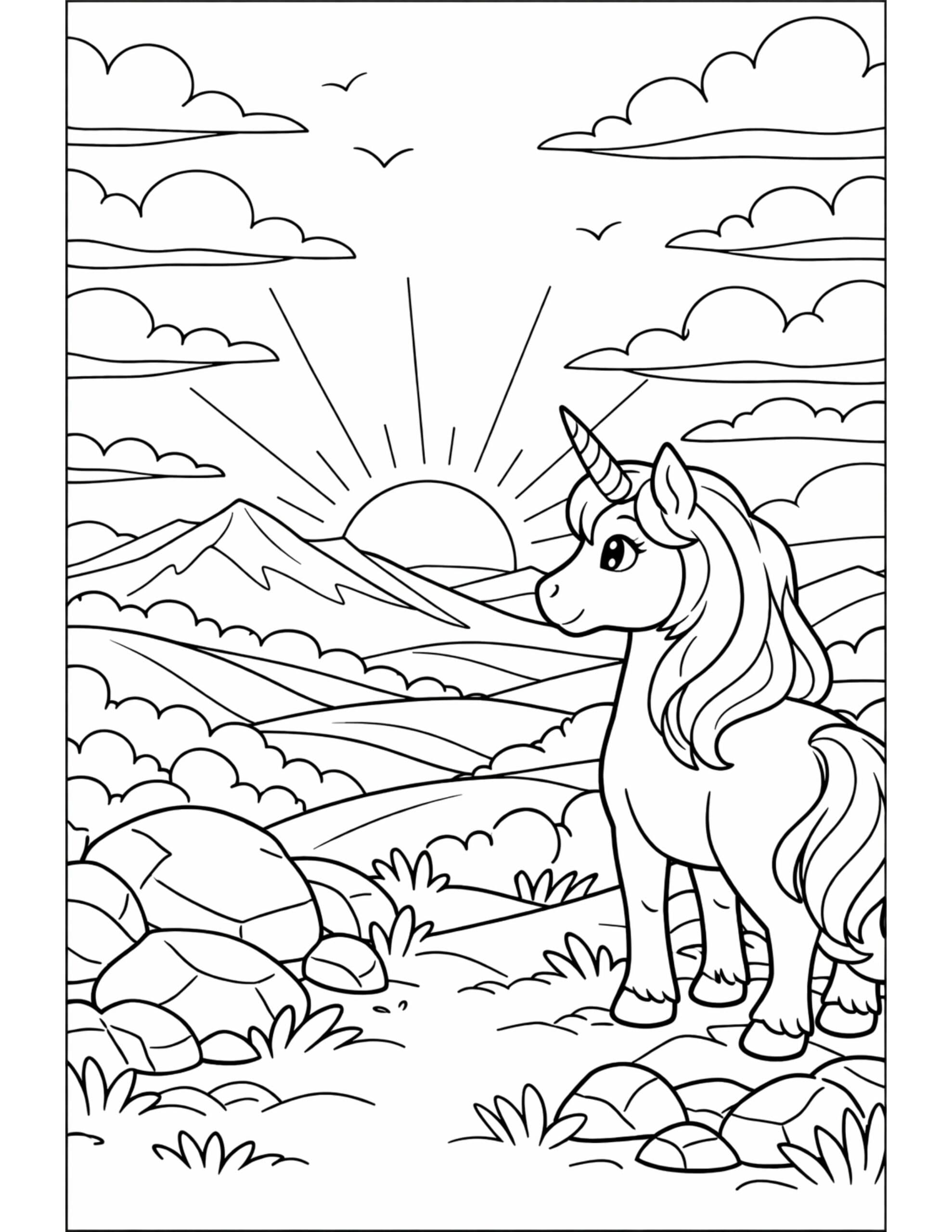 unicorn watching sunrise over mountains coloring page with sun rays, clouds, birds, and rocks coloring page