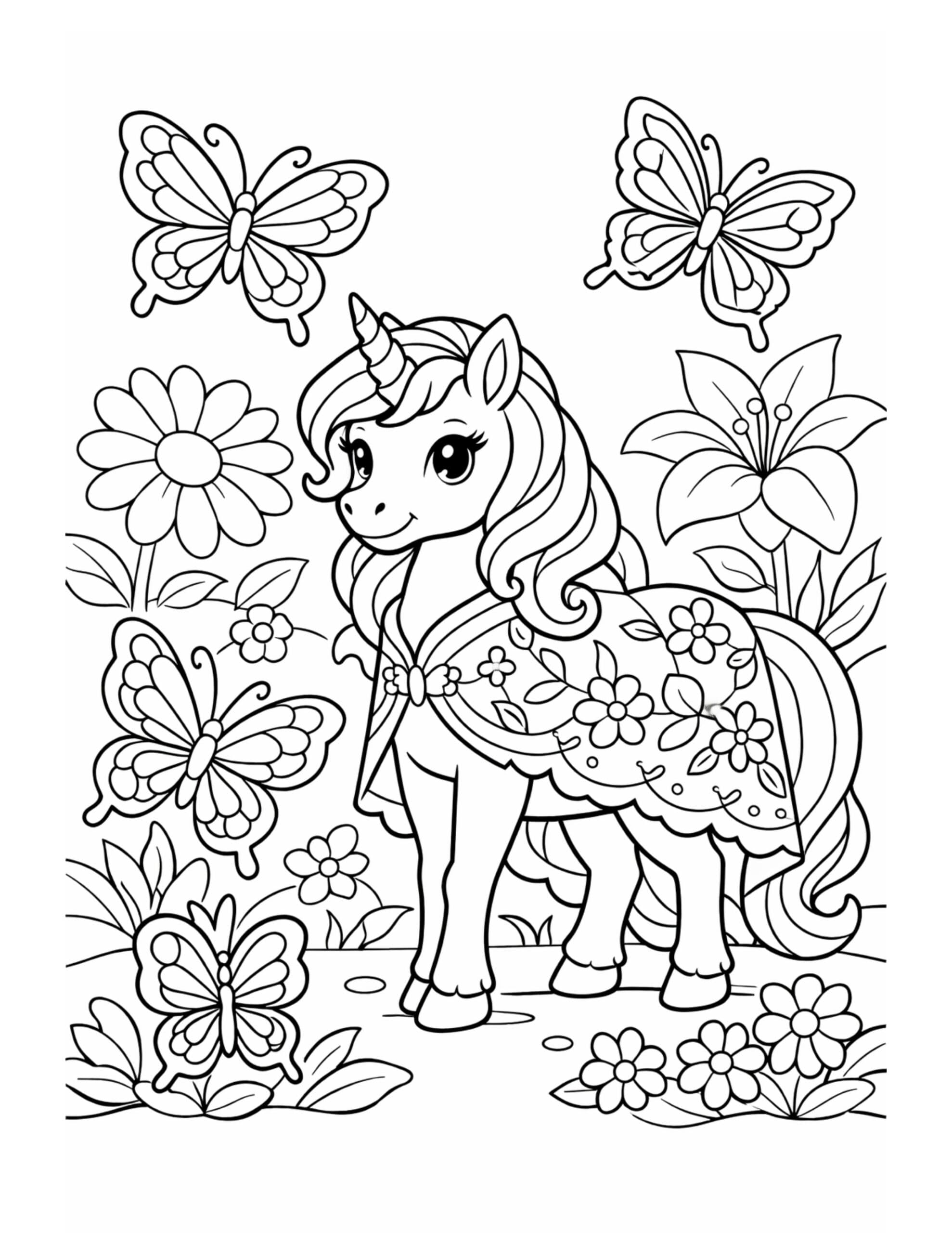 unicorn wearing a floral cape coloring page in a flower garden with butterflies and big blooms, line art coloring page