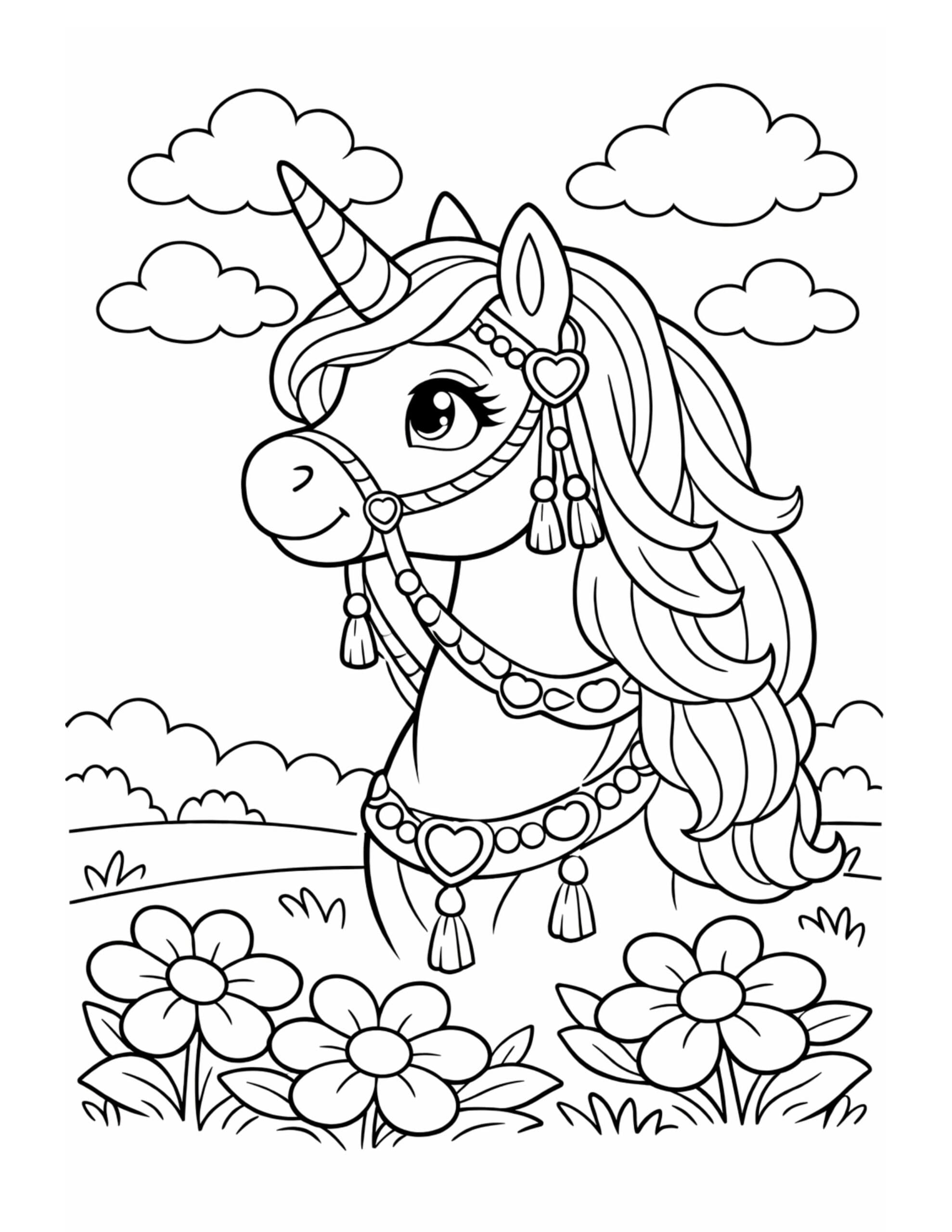 unicorn wearing heart harness coloring page standing in a flower field with clouds and decorative details coloring page