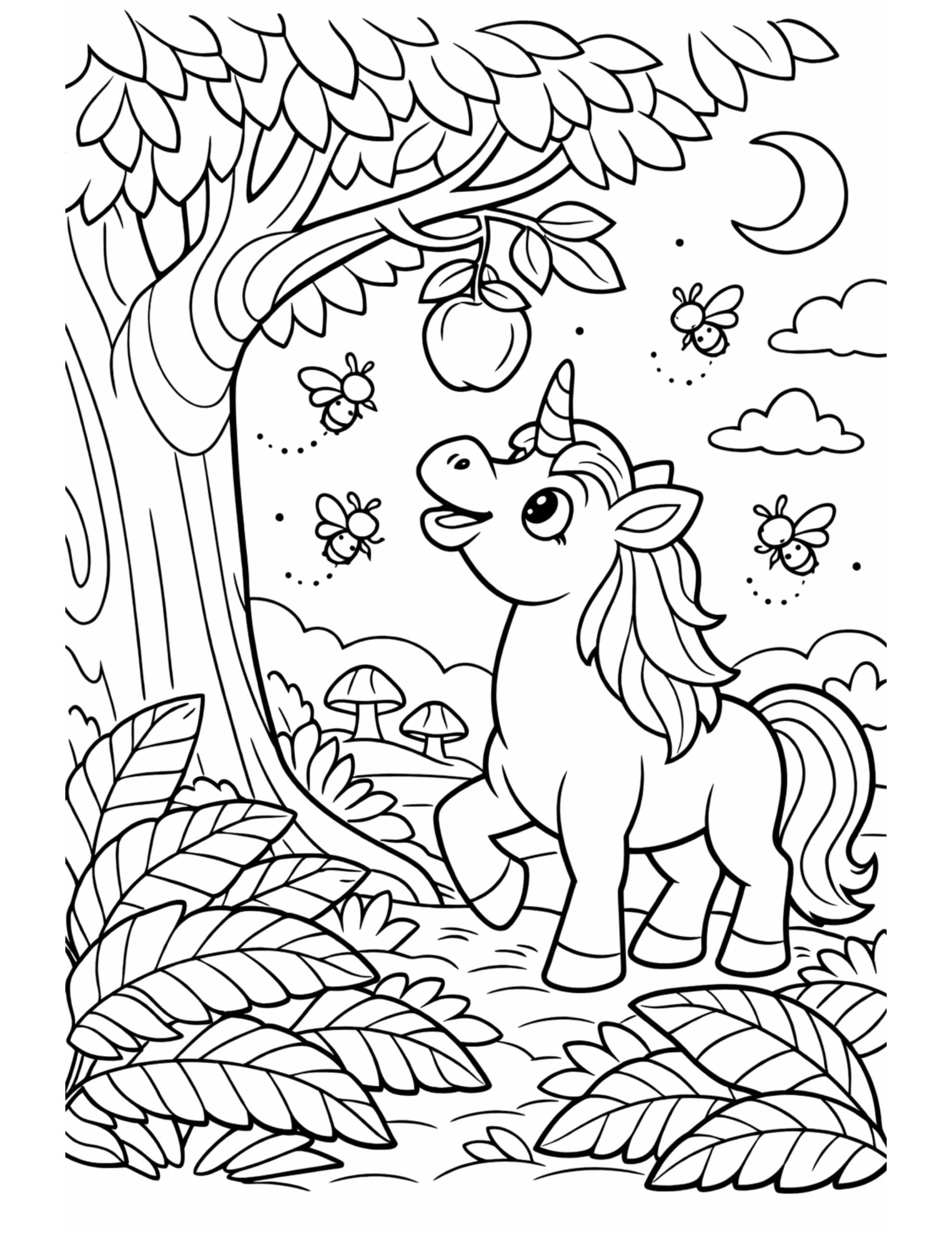 unicorn with bees under tree coloring page with an apple branch, moon, clouds, and leafy plants coloring page