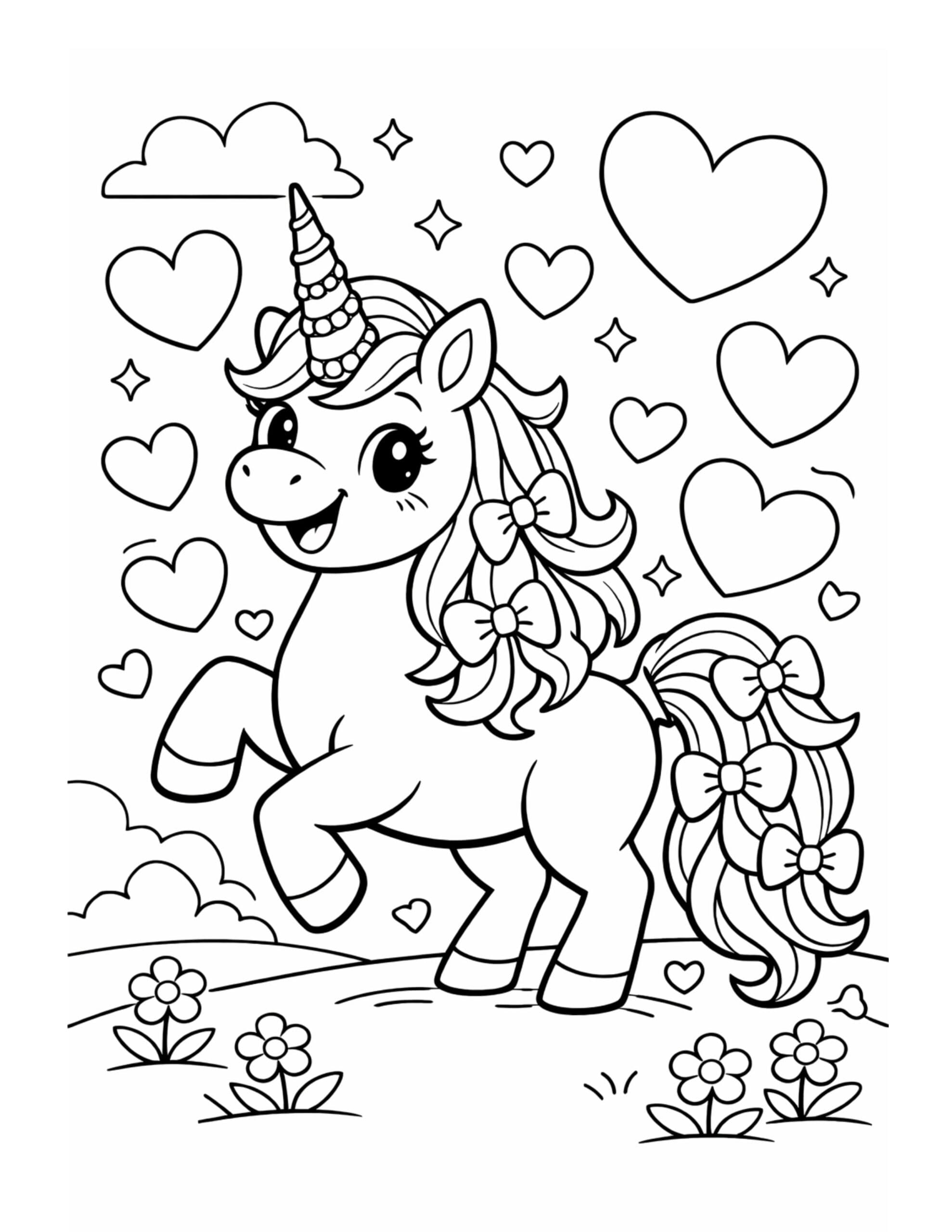 unicorn with bows and hearts coloring page featuring a smiling unicorn, floating hearts, sparkles, and flowers coloring page