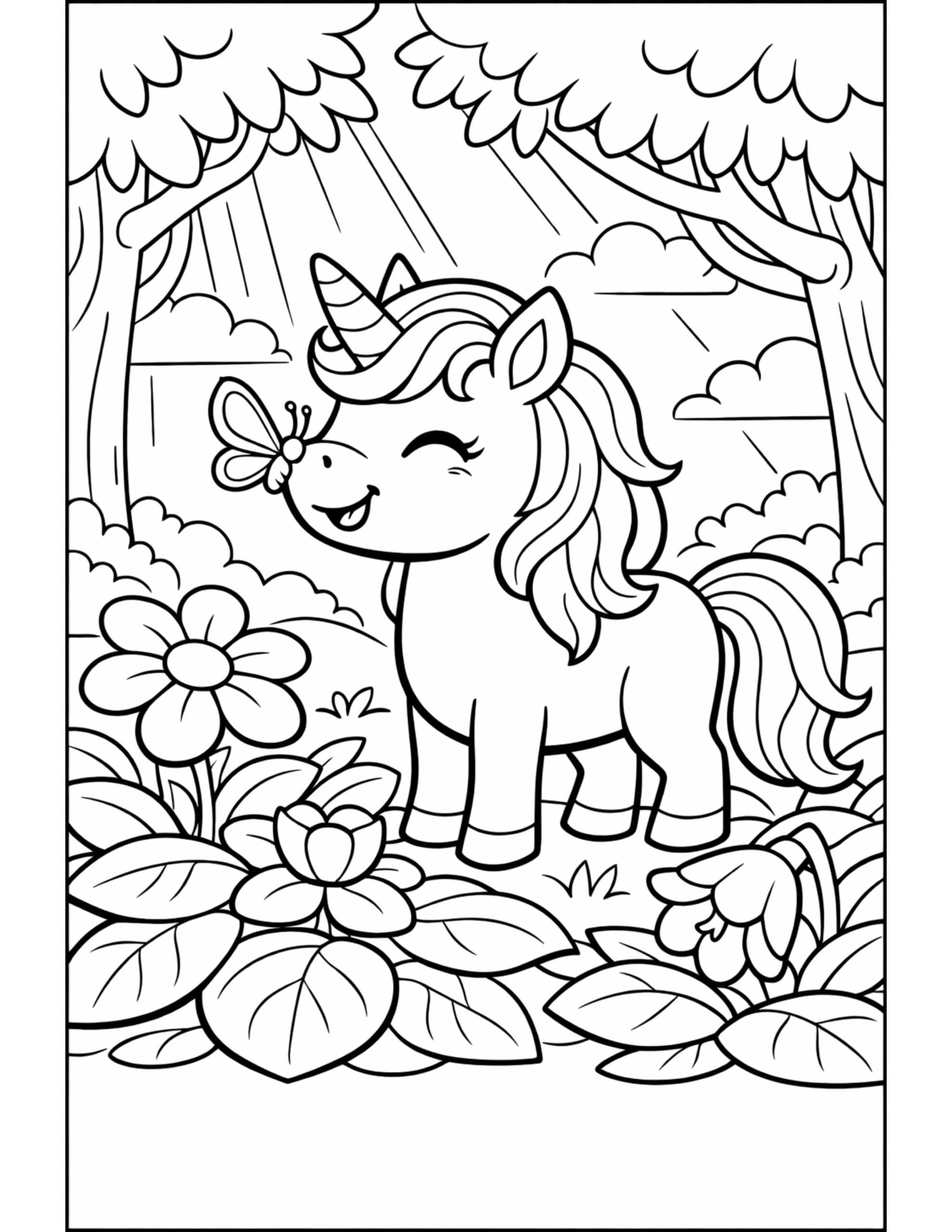 unicorn with butterfly on nose coloring page in a sunny garden scene with flowers and trees coloring page
