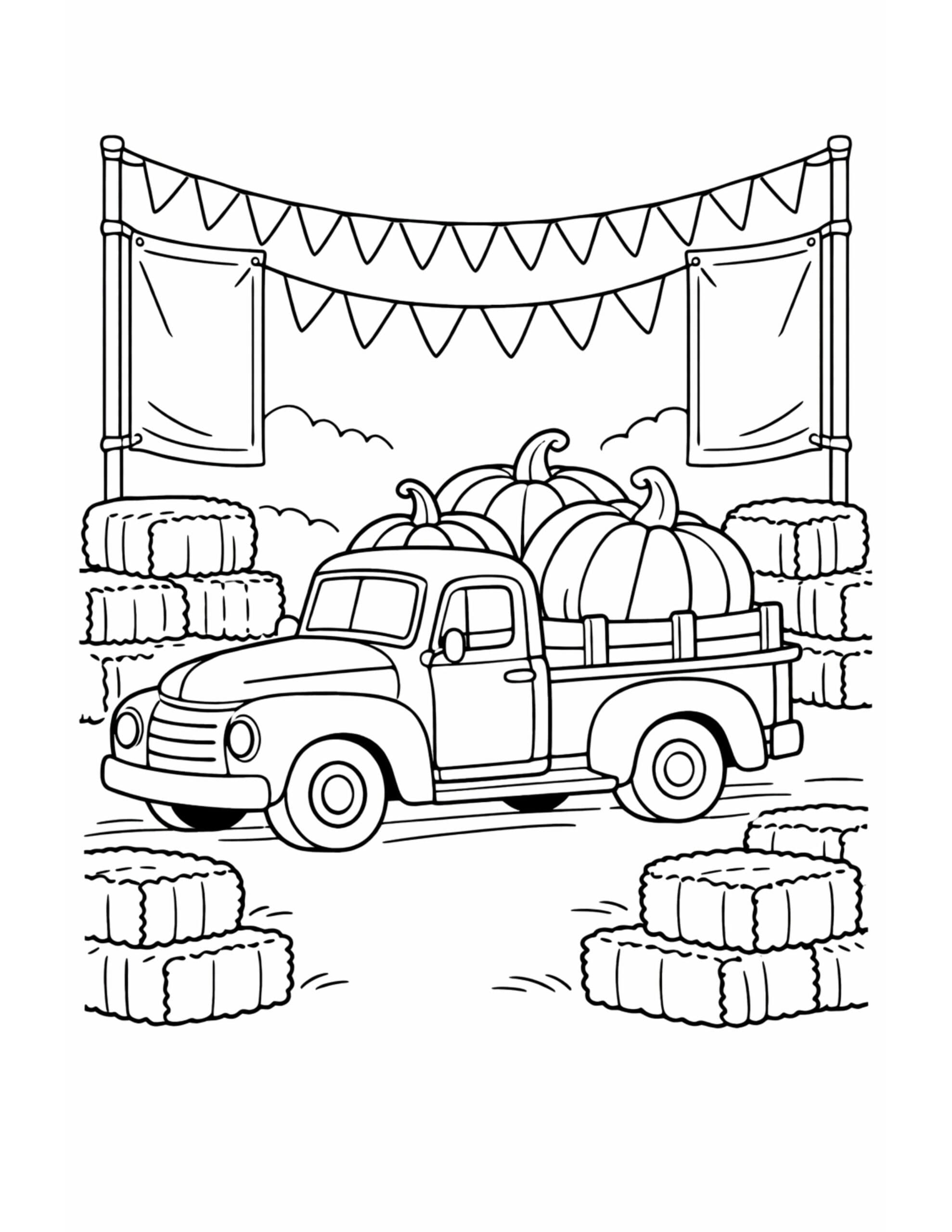 vintage truck loaded with pumpkins coloring page featuring a classic pickup at a farm stand with hay bales coloring page