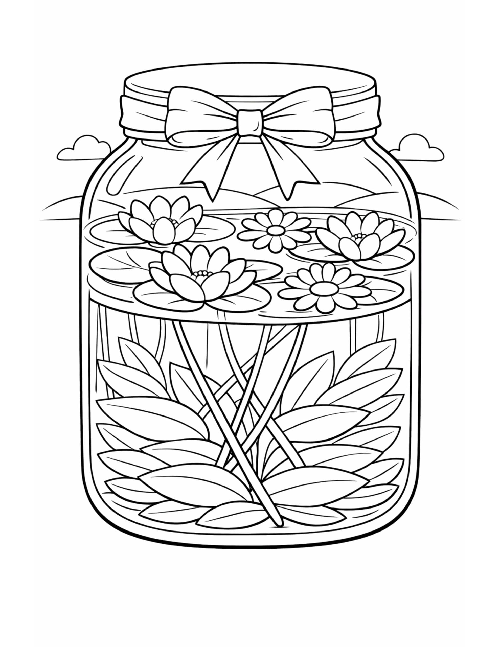water lilies floating in jar coloring page with a ribbon bow lid, floating blooms, and leafy stems coloring page