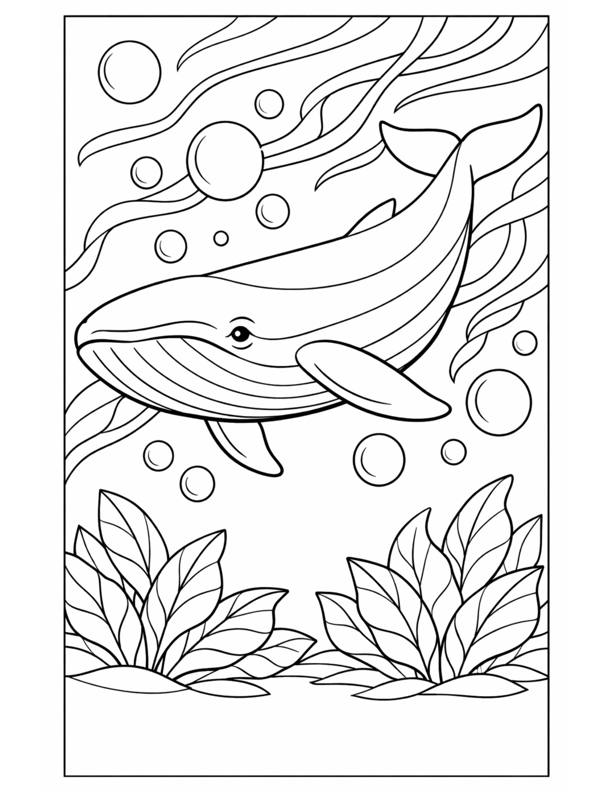 whale swimming with bubbles coloring page with a friendly whale, seaweed, and swirling water lines coloring page