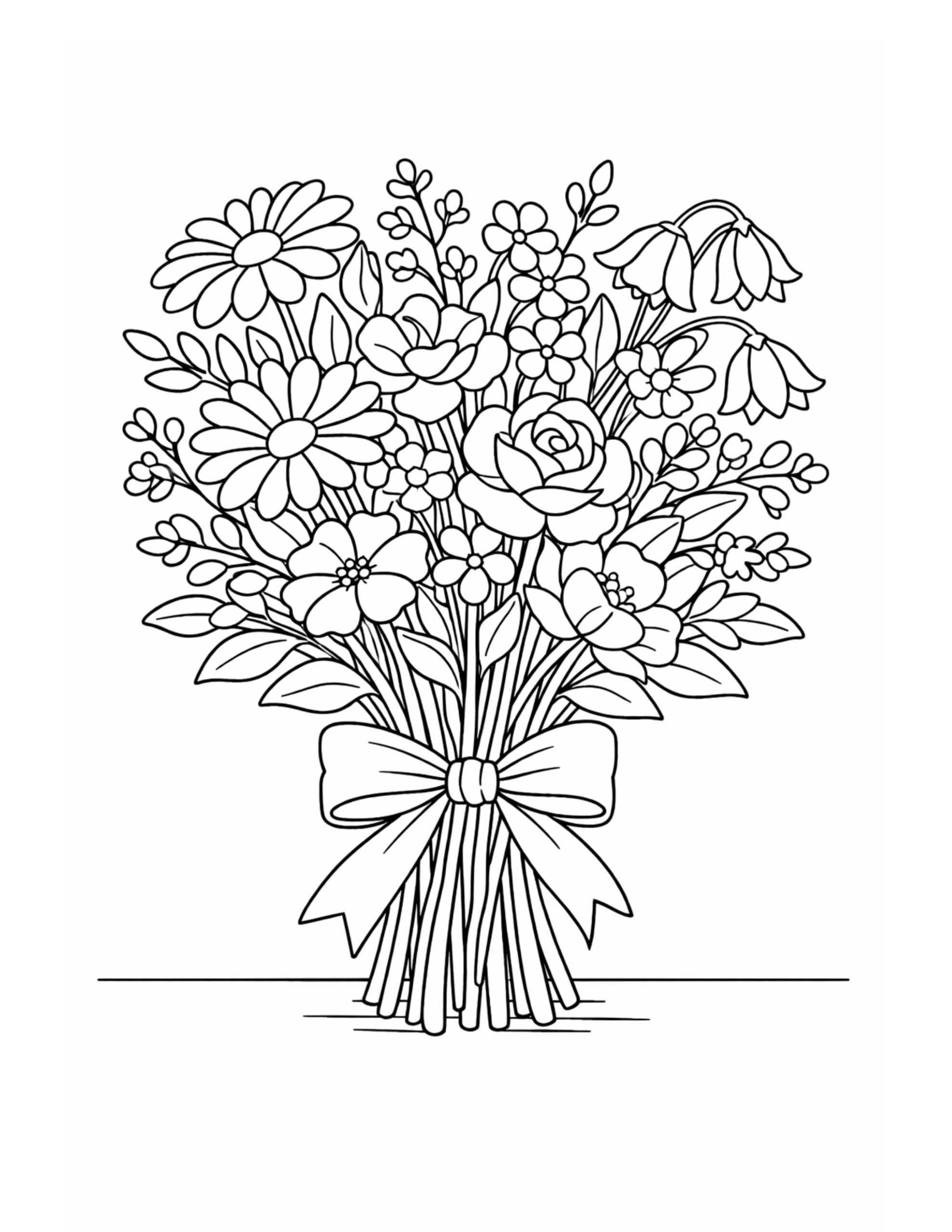 wildflower bouquet with bow coloring page featuring mixed flowers, leafy stems, and a large ribbon coloring page