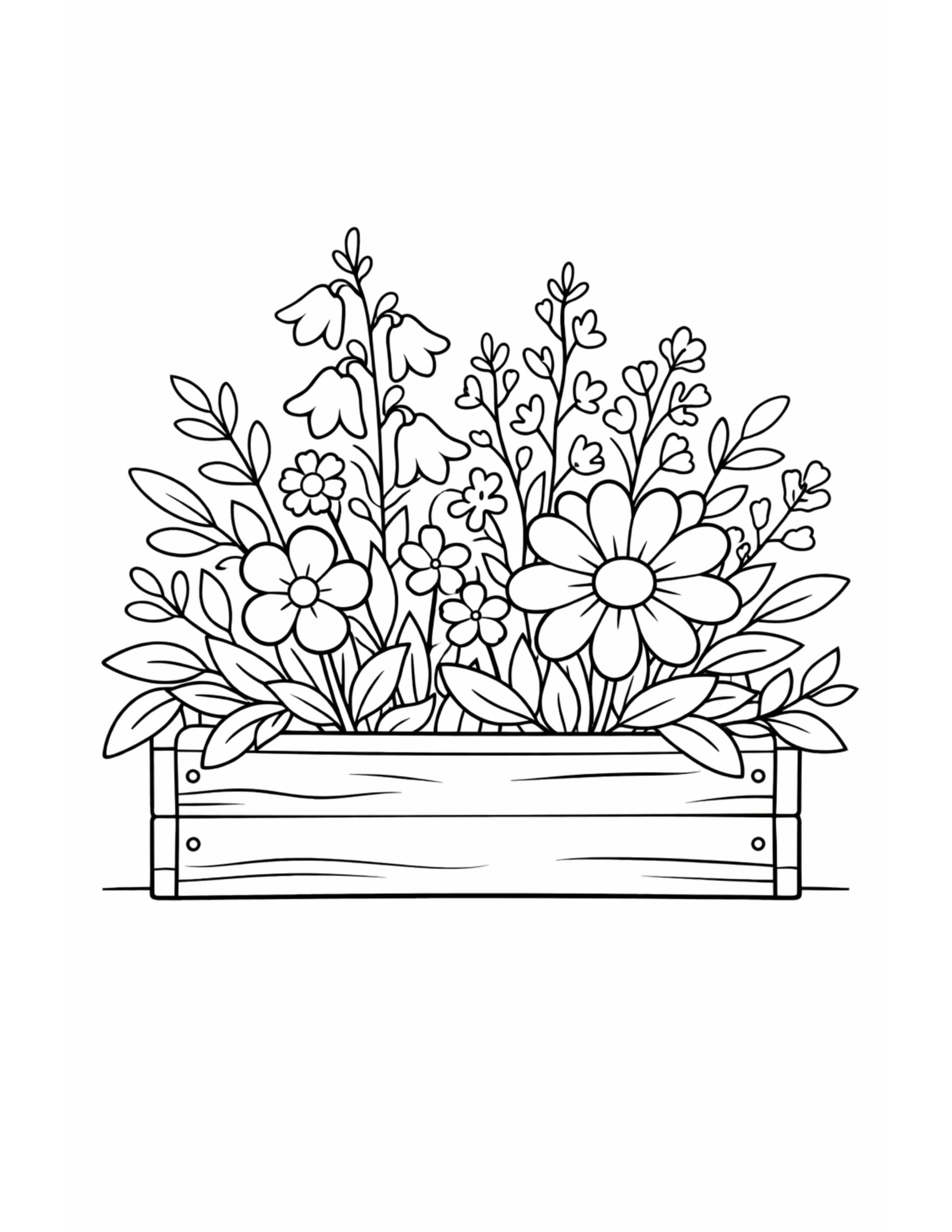 wildflower planter box arrangement coloring page with mixed blossoms in a wooden planter box coloring page