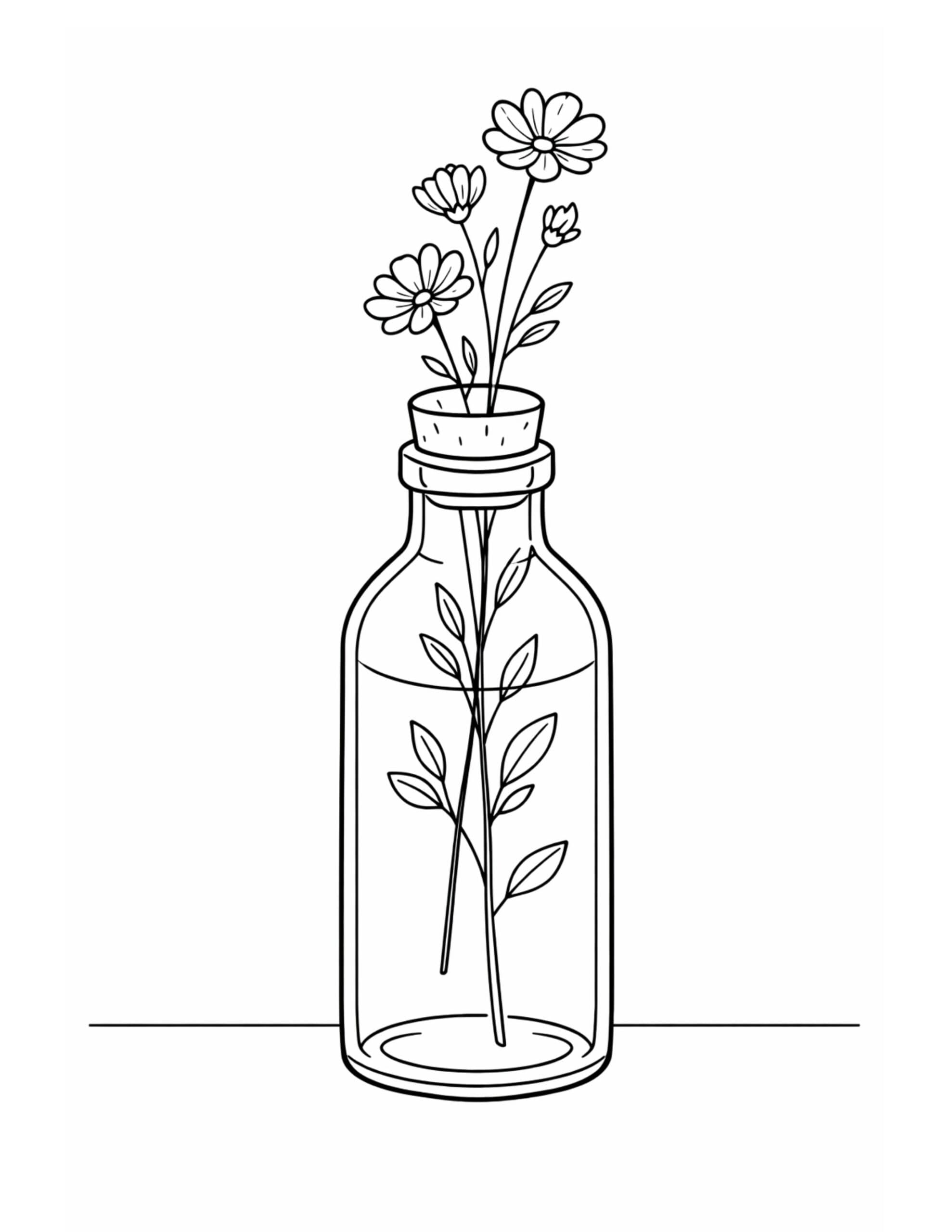 wildflowers in corked bottle coloring page with a tall glass bottle, water line, and three delicate blooms coloring page