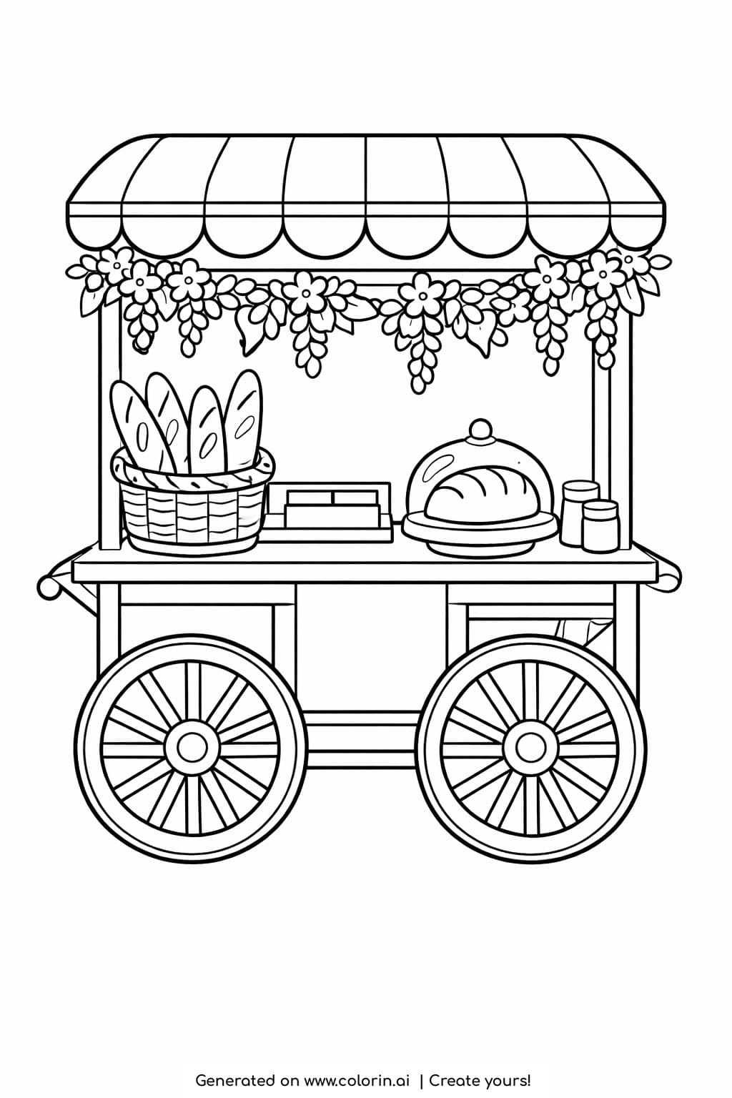 artisan bread cart with hanging flowers coloring page with baguettes and glass dome