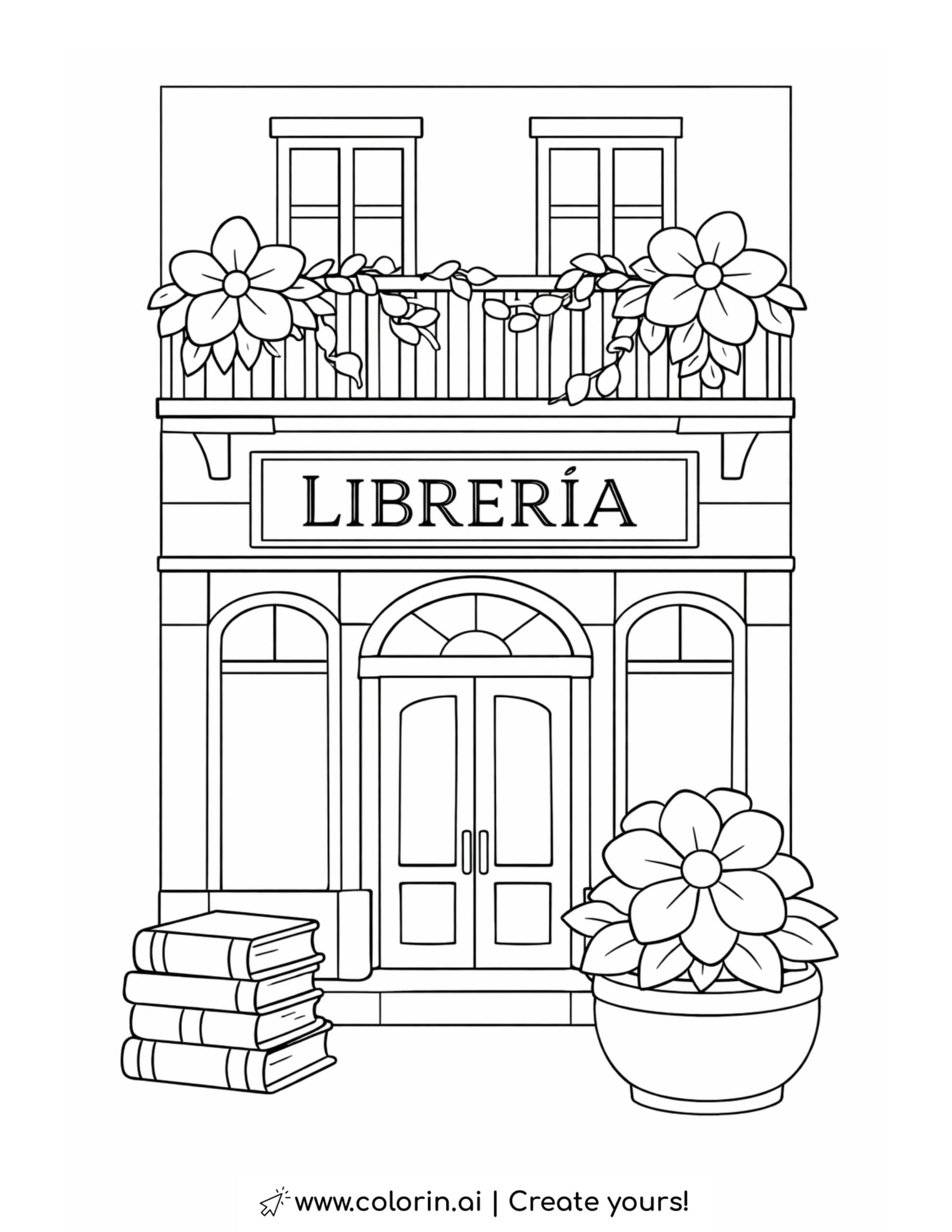bookstore with balcony flowers and books coloring page with stacked books and large flower pot coloring page