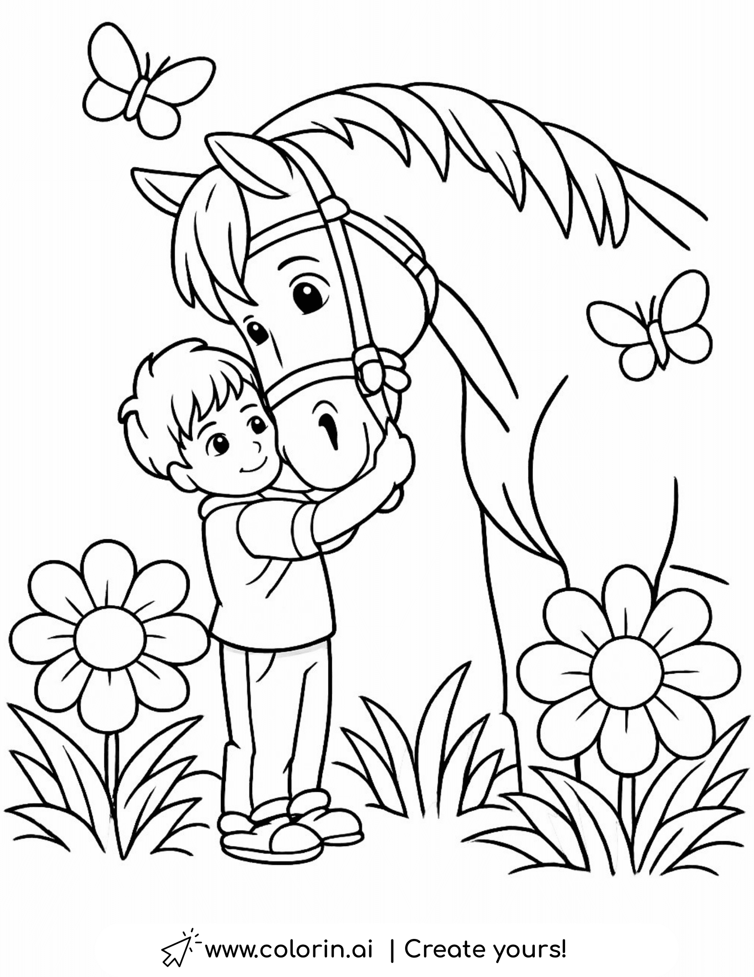 boy hugging horse in flower field coloring page with butterflies and flowers