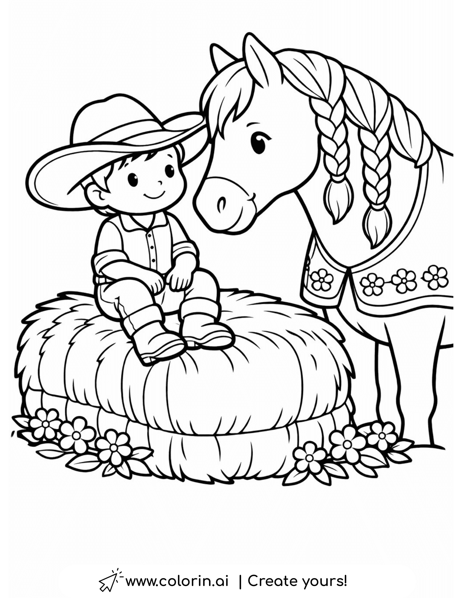 boy sitting on hay bale with horse coloring page farm style illustration
