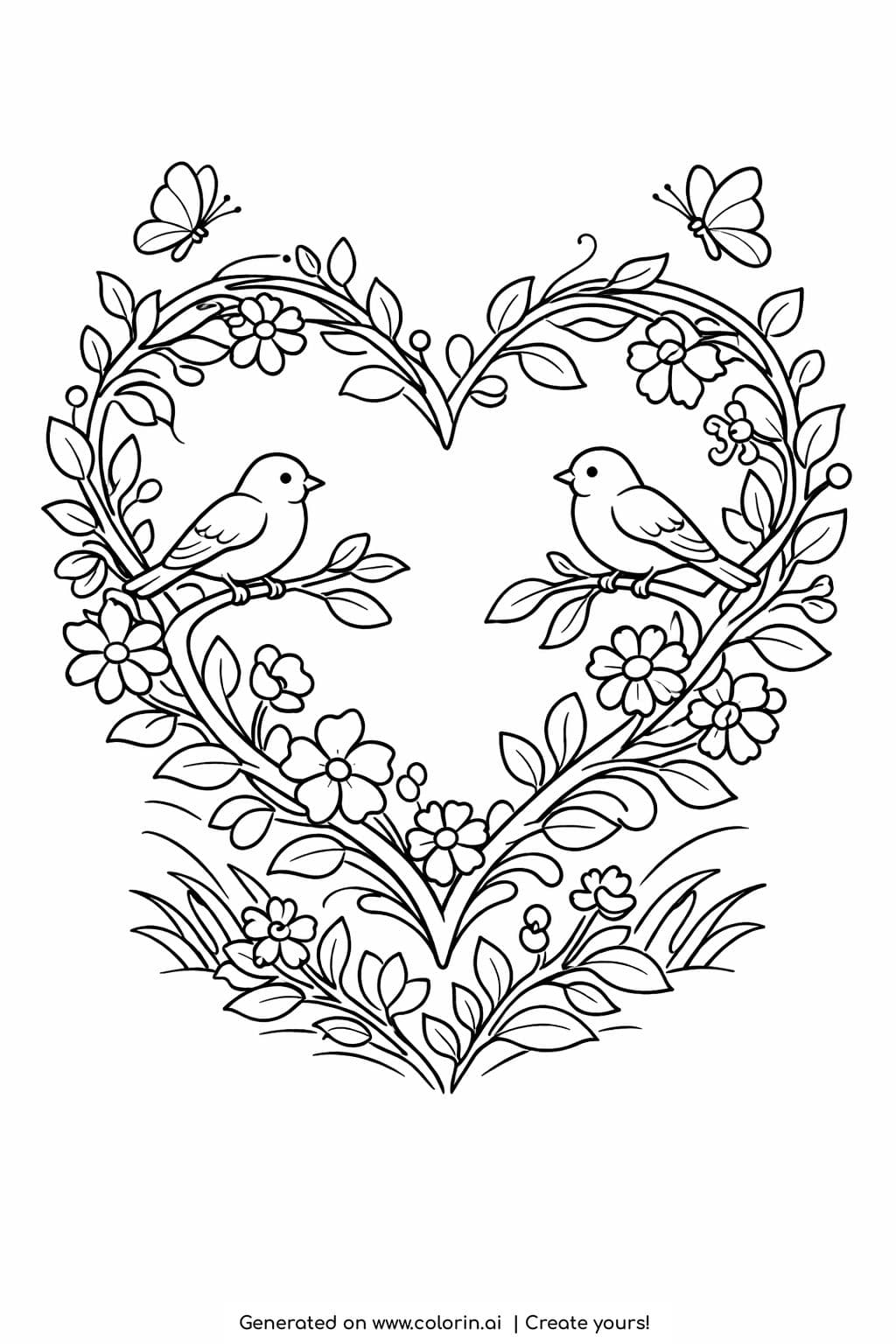 branch heart with birds butterflies coloring page showing floral branches birds and butterflies