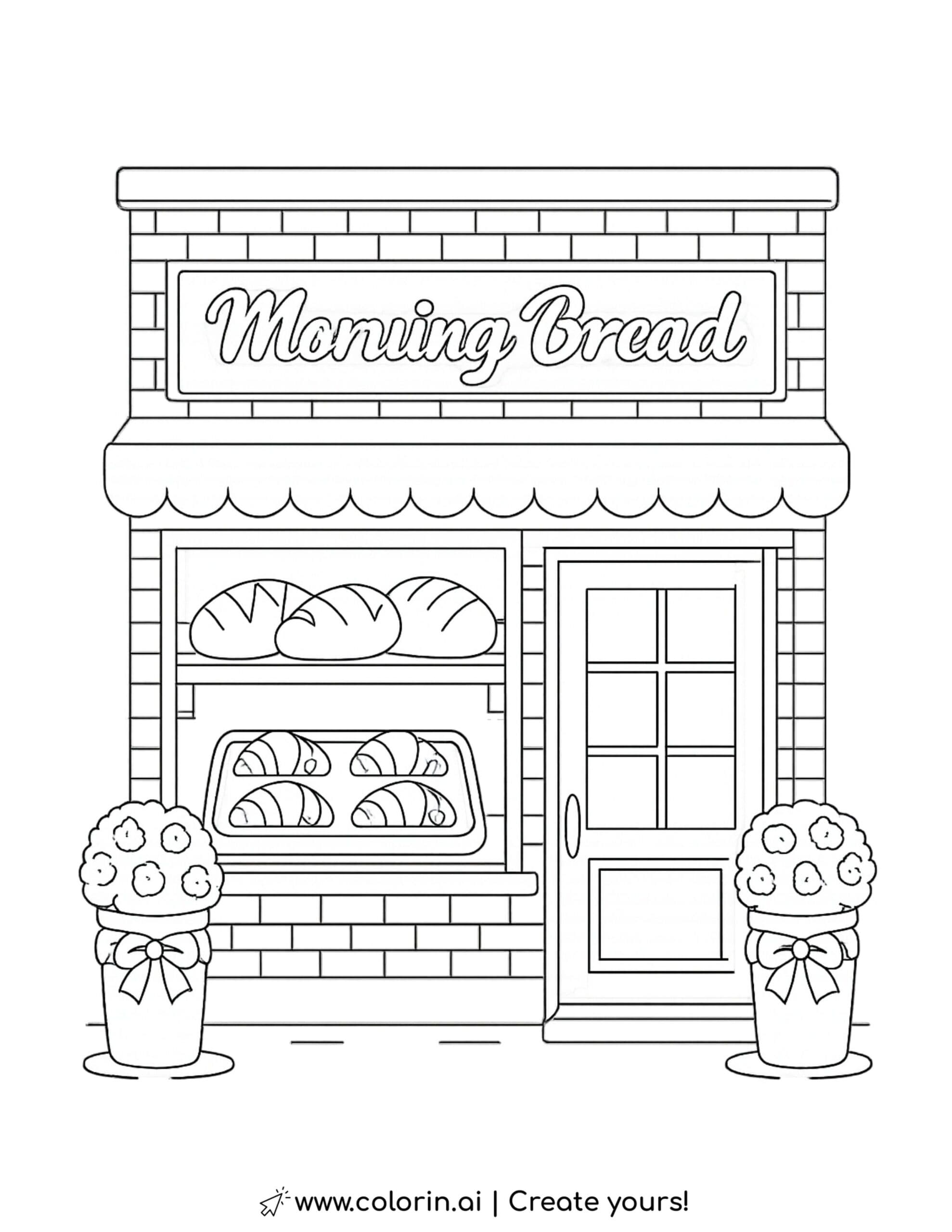 brick bakery storefront with bread display coloring page featuring loaves and croissants in window coloring page