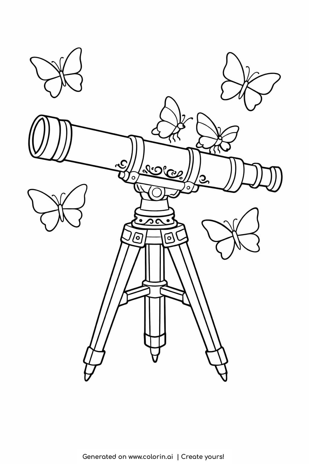 butterflies around vintage telescope coloring page with tripod mounted telescope and flying butterflies coloring page