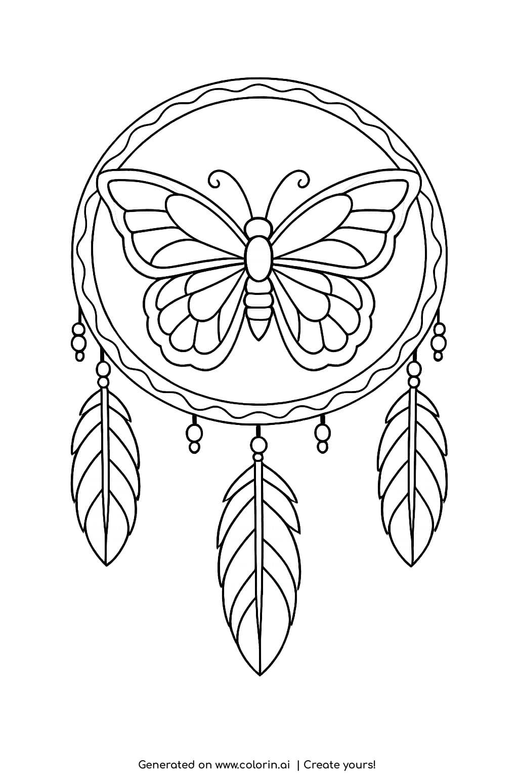 butterfly inside dreamcatcher circle coloring page with hanging feathers and round decorative frame coloring page