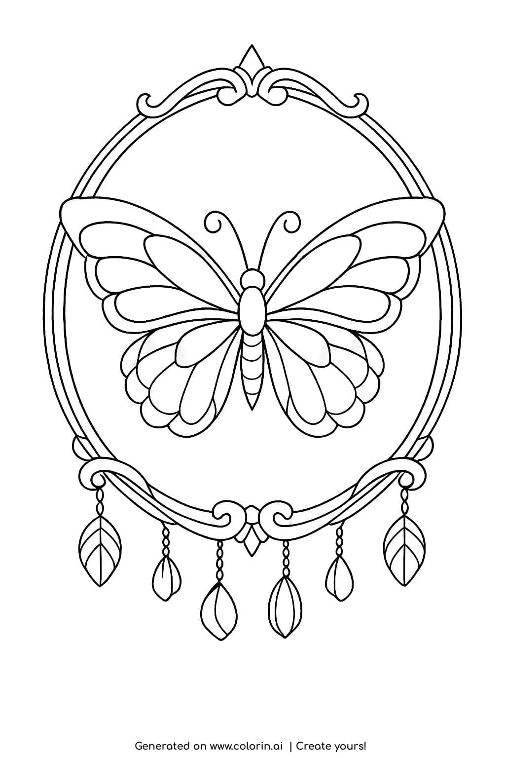 butterfly inside oval decorative frame coloring page with hanging leaf ornaments and elegant border coloring page